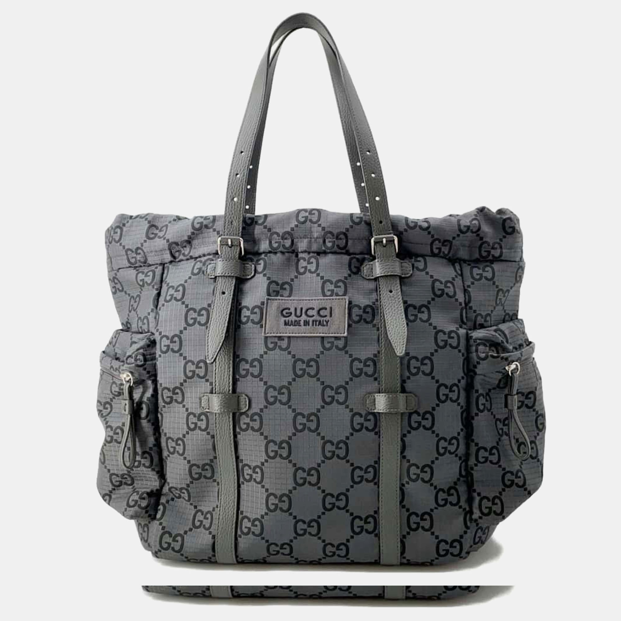 

Gucci GG Nylon Leather Tote Bag, Grey