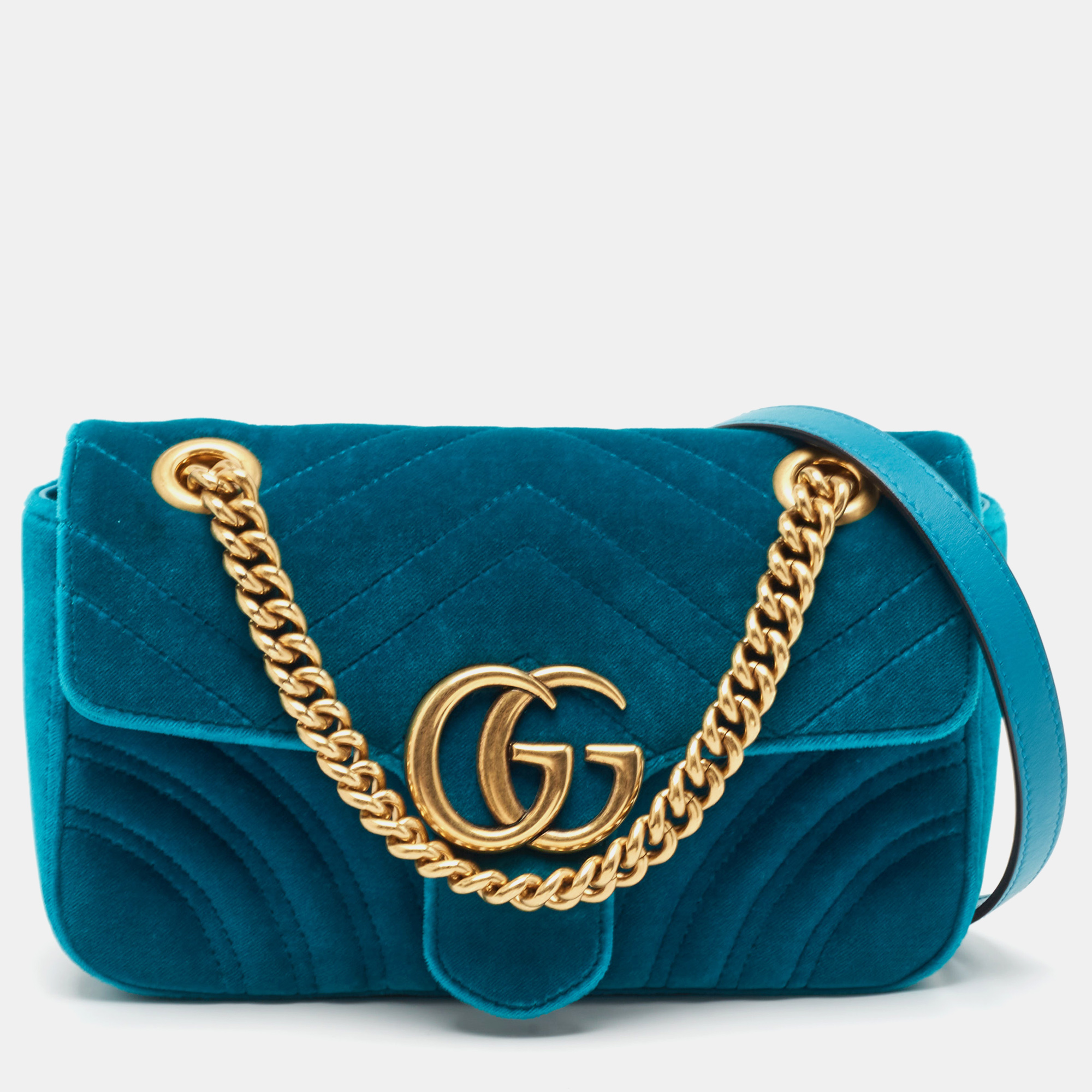 Pre-owned Gucci Green Matelassé Velvet Mini Gg Marmont Shoulder Bag