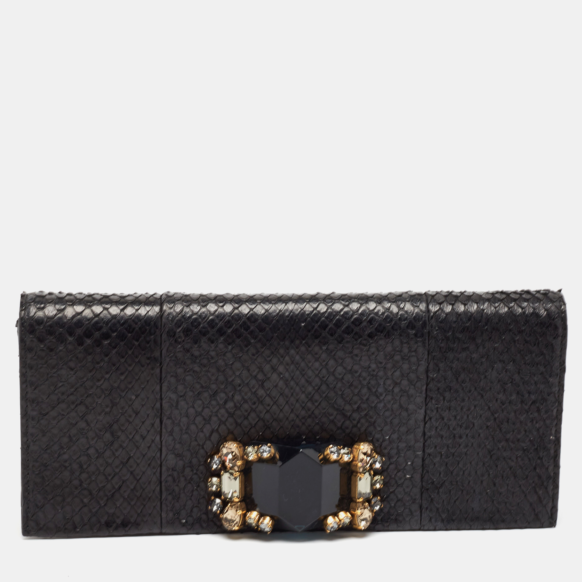 

Gucci Black Snakeskin Crystals Embellished Flap Clutch