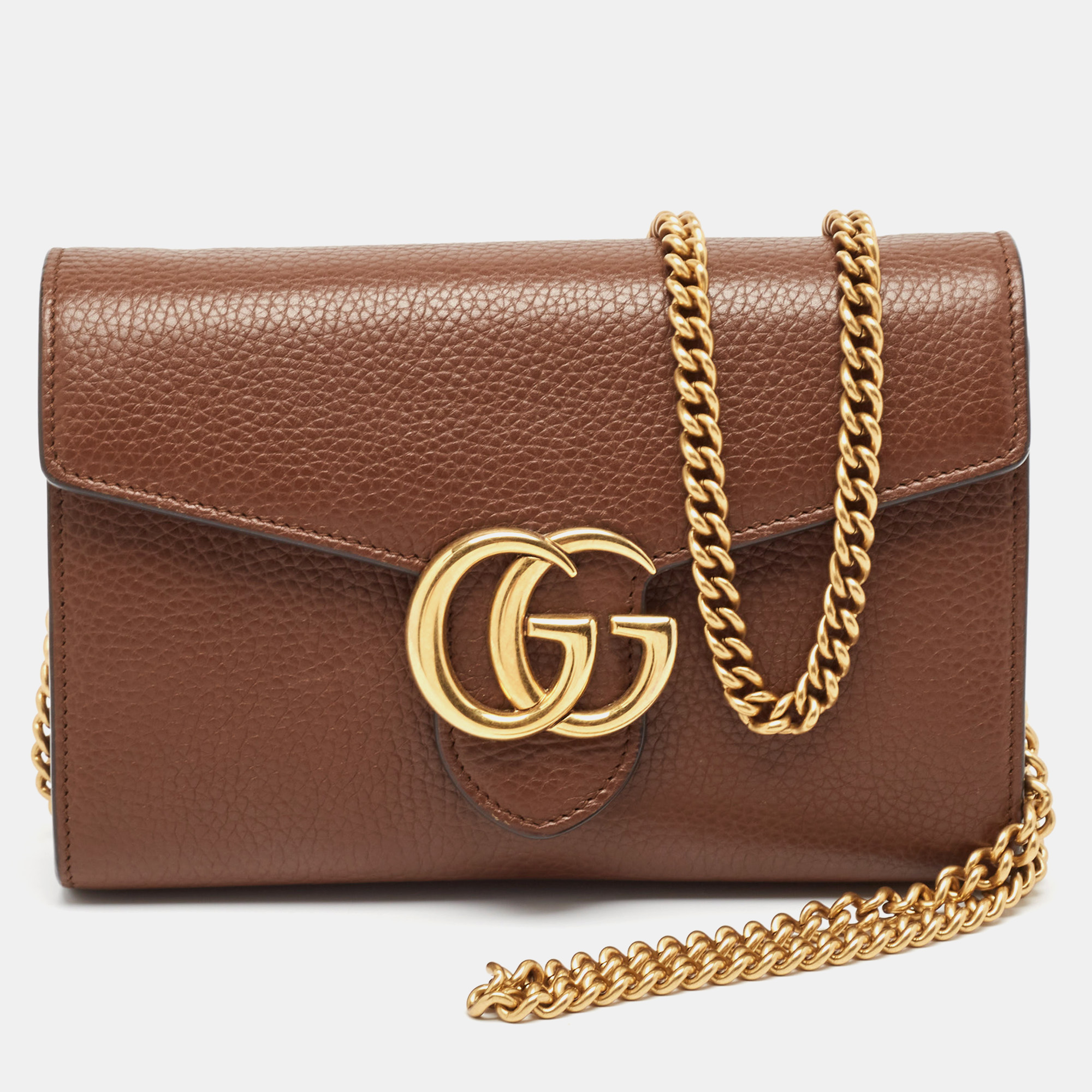 

Gucci Brown Leather GG Marmont Wallet On Chain