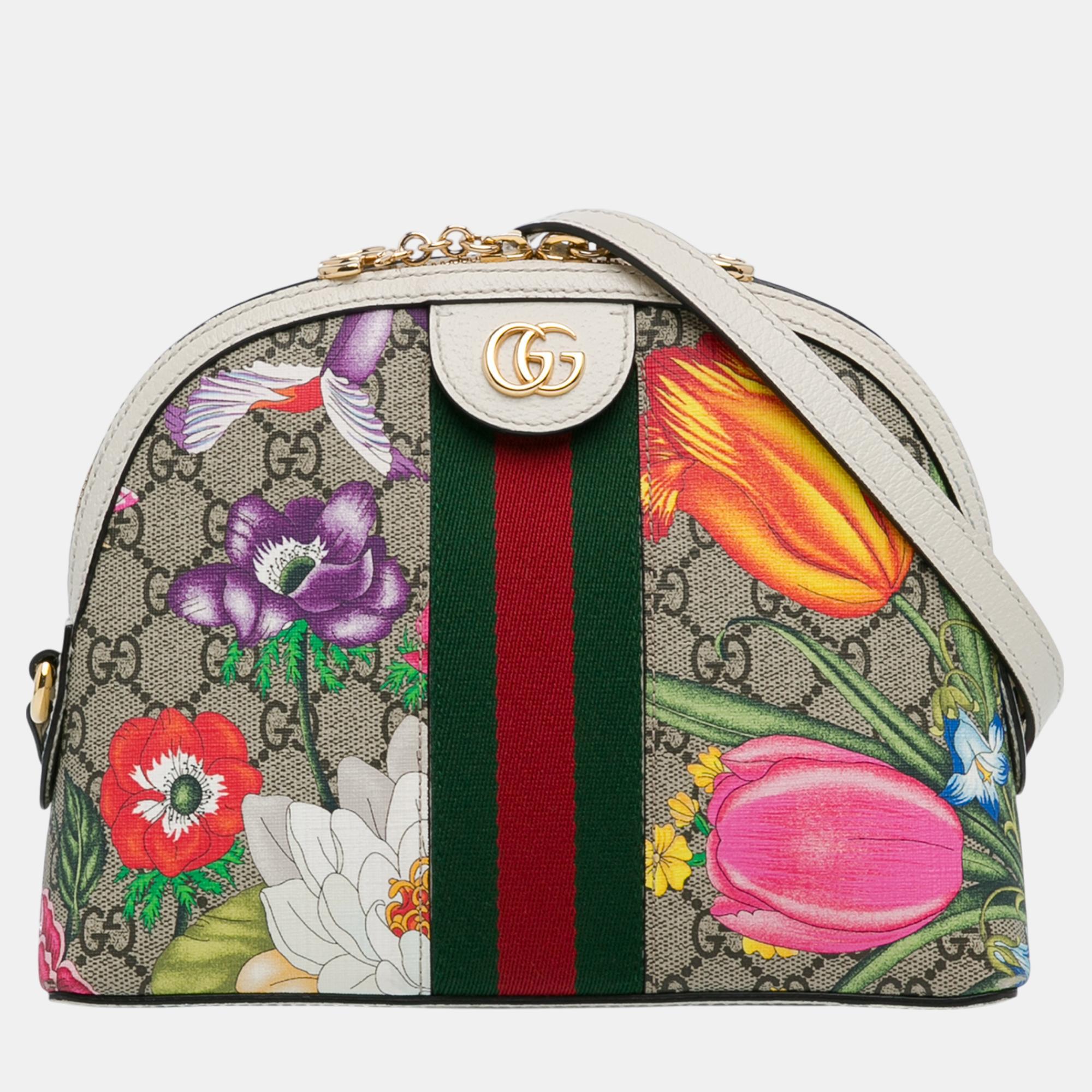 

Gucci Beige/Brown Small GG Supreme Flora Ophidia Dome