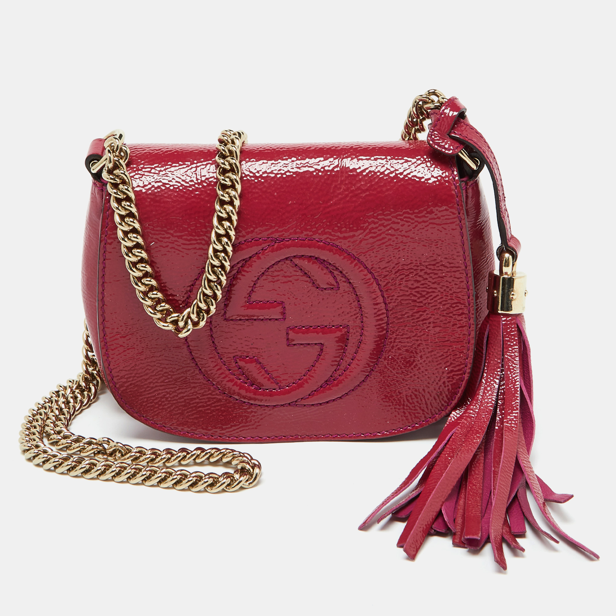 

Gucci Fuchsia Patent Leather Soho Flap Chain Crossbody Bag, Pink