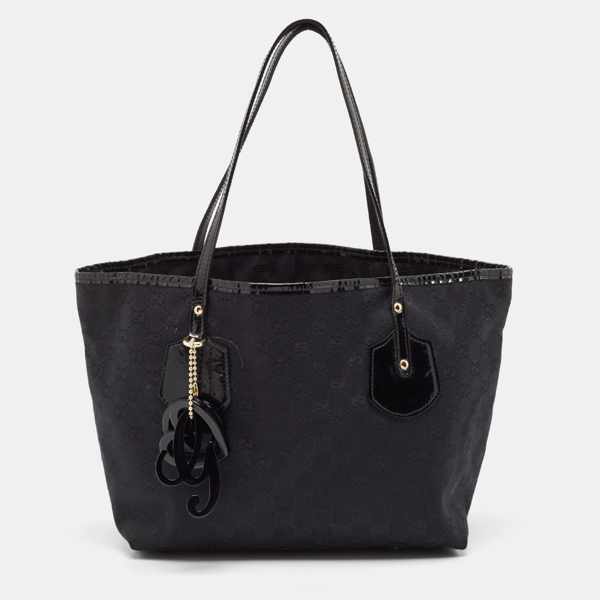 

Gucci Black GG Canvas and Patent Leather Jolie Tote