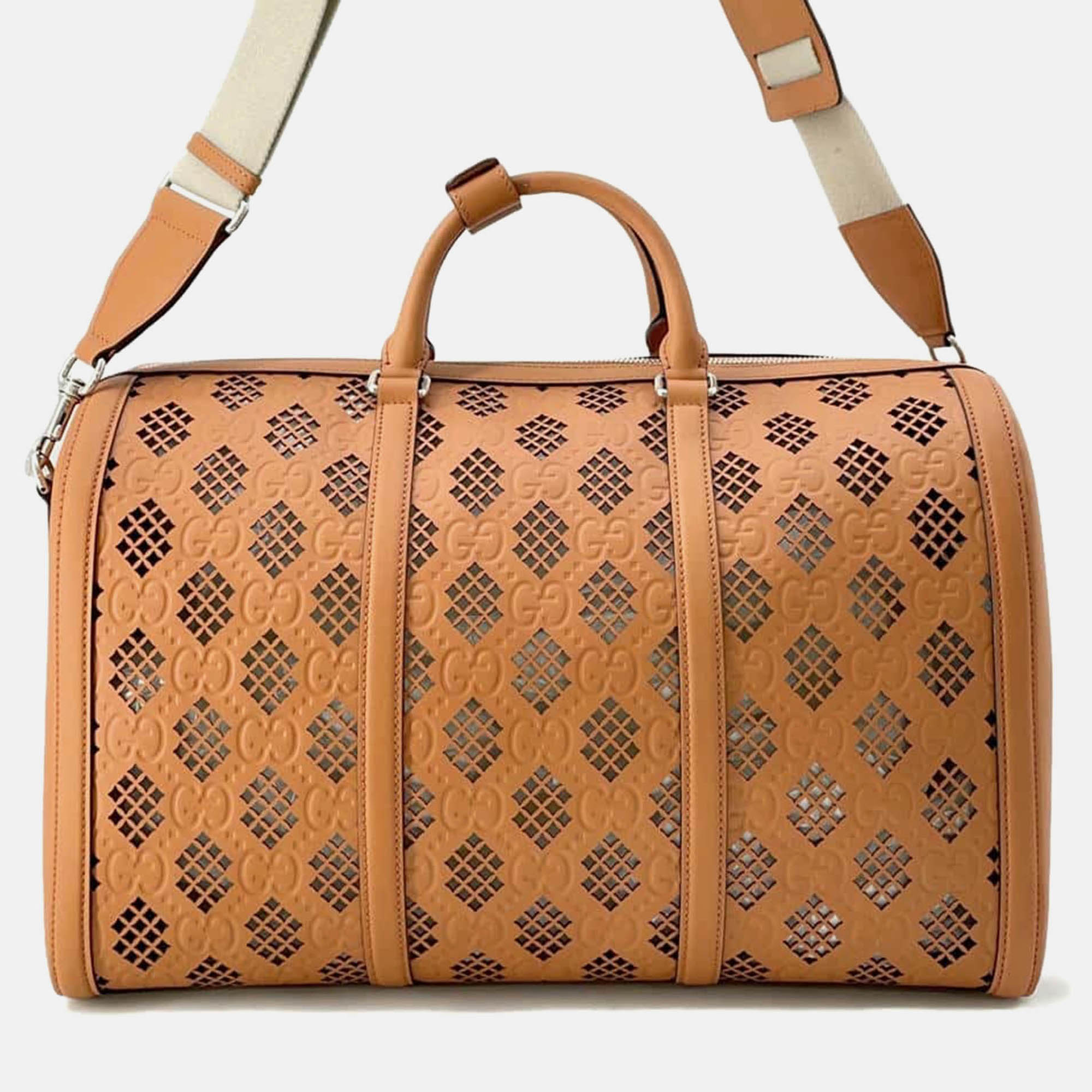 

Gucci Brown Leather Cut-out GG embossed Travel Bag Size Large