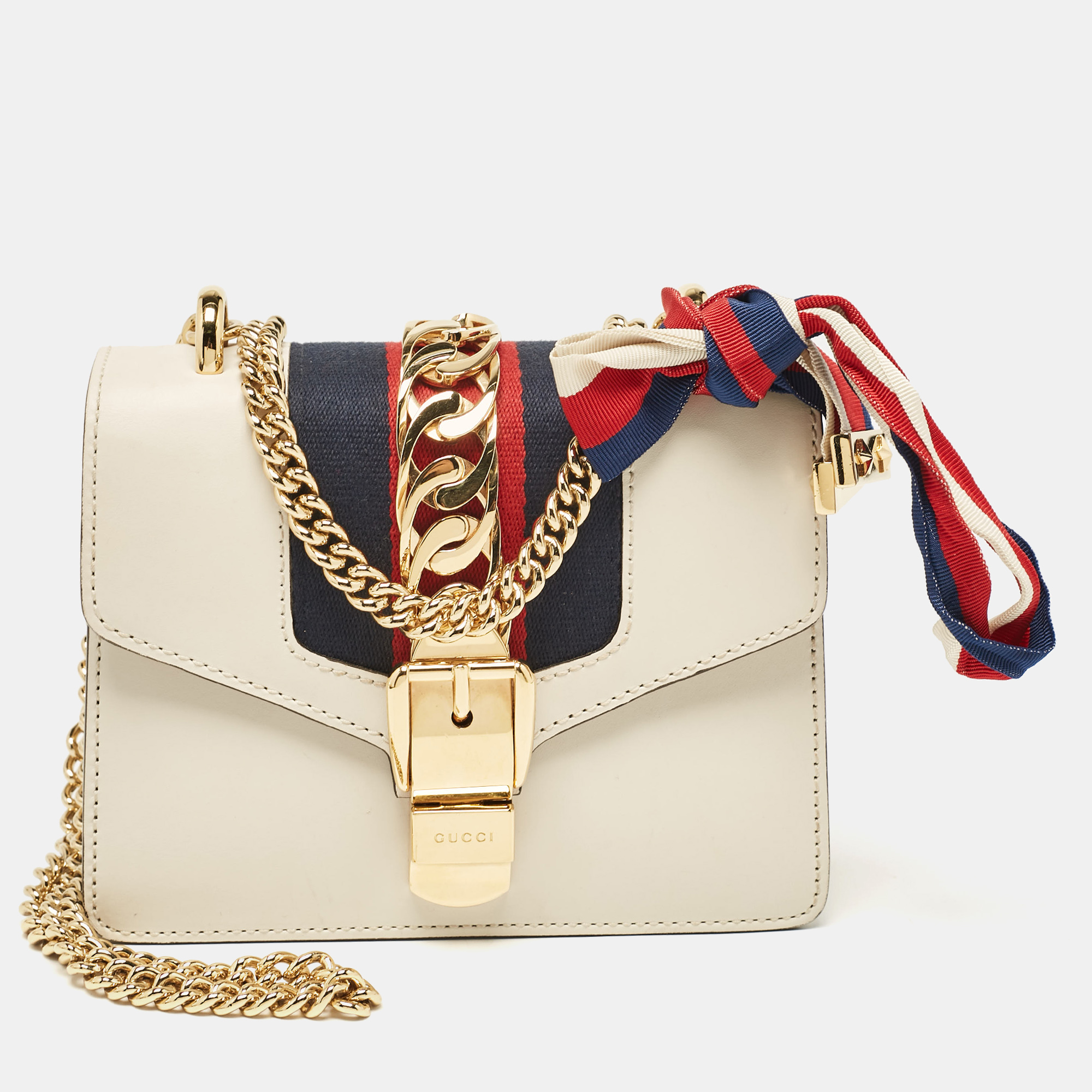 

Gucci Off White Leather Mini Web Chain Sylvie Crossbody Bag