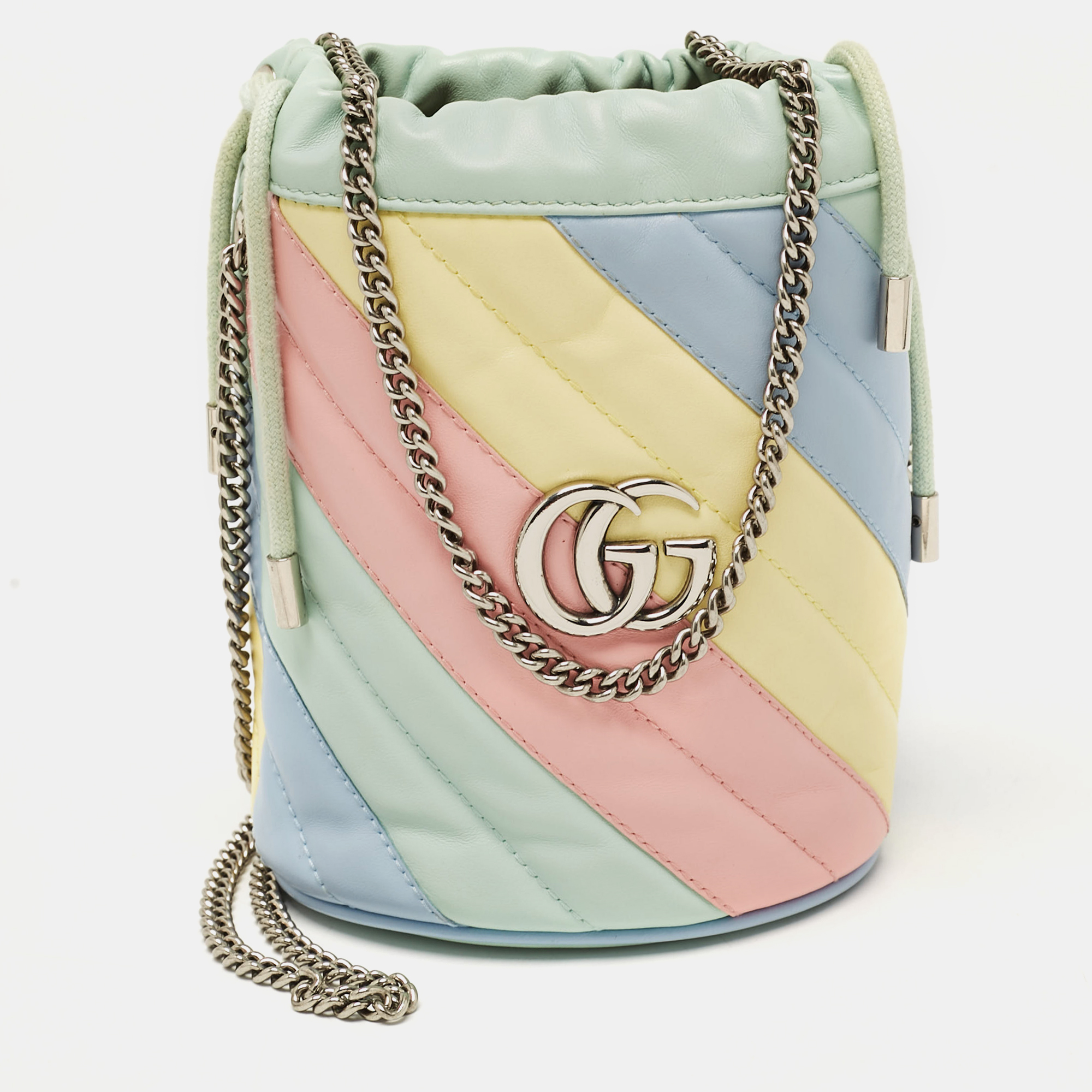 

Gucci Multicolor Diagonal Leather Mini GG Marmont Bucket Bag