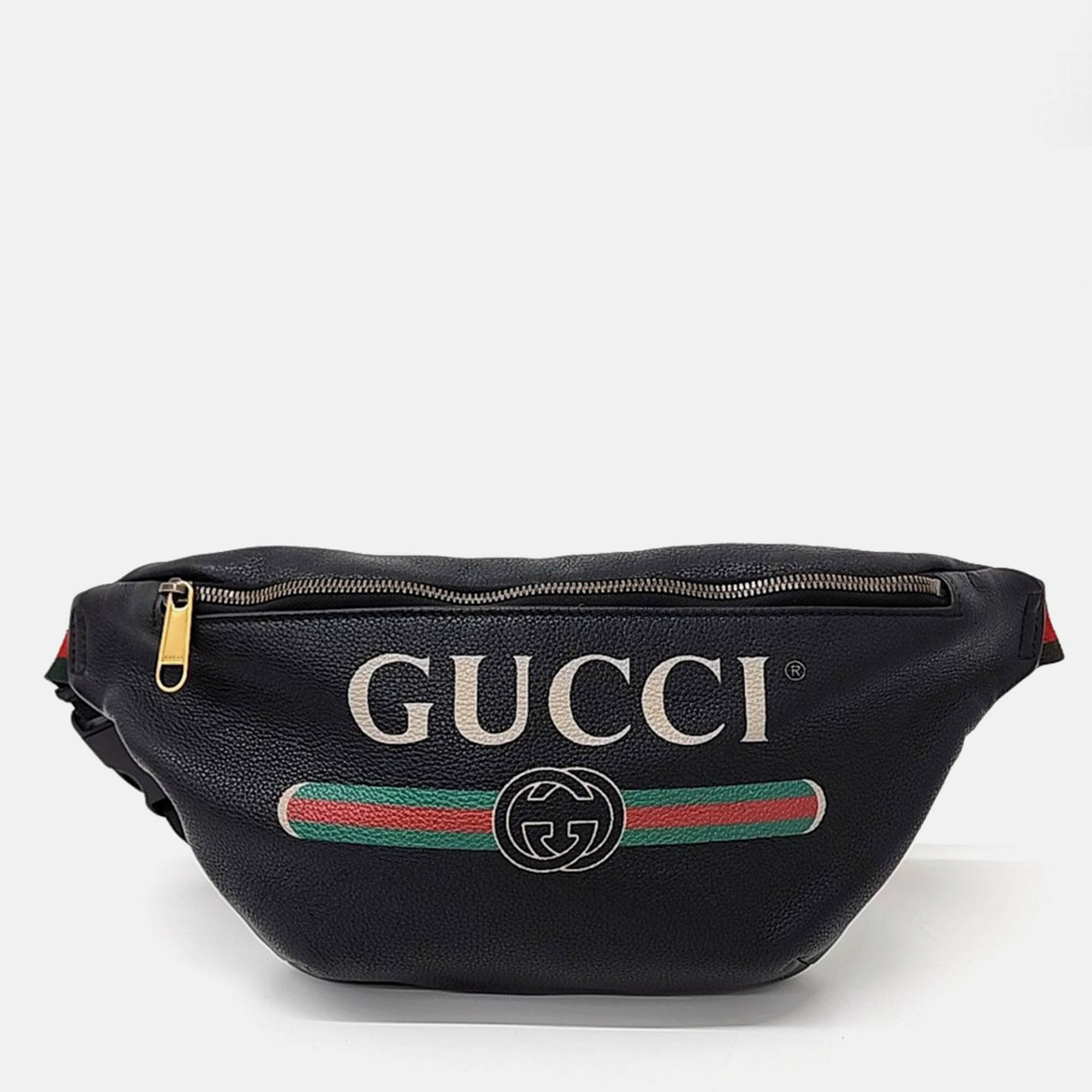 

Gucci Black Leather Gucci web logo belt bag