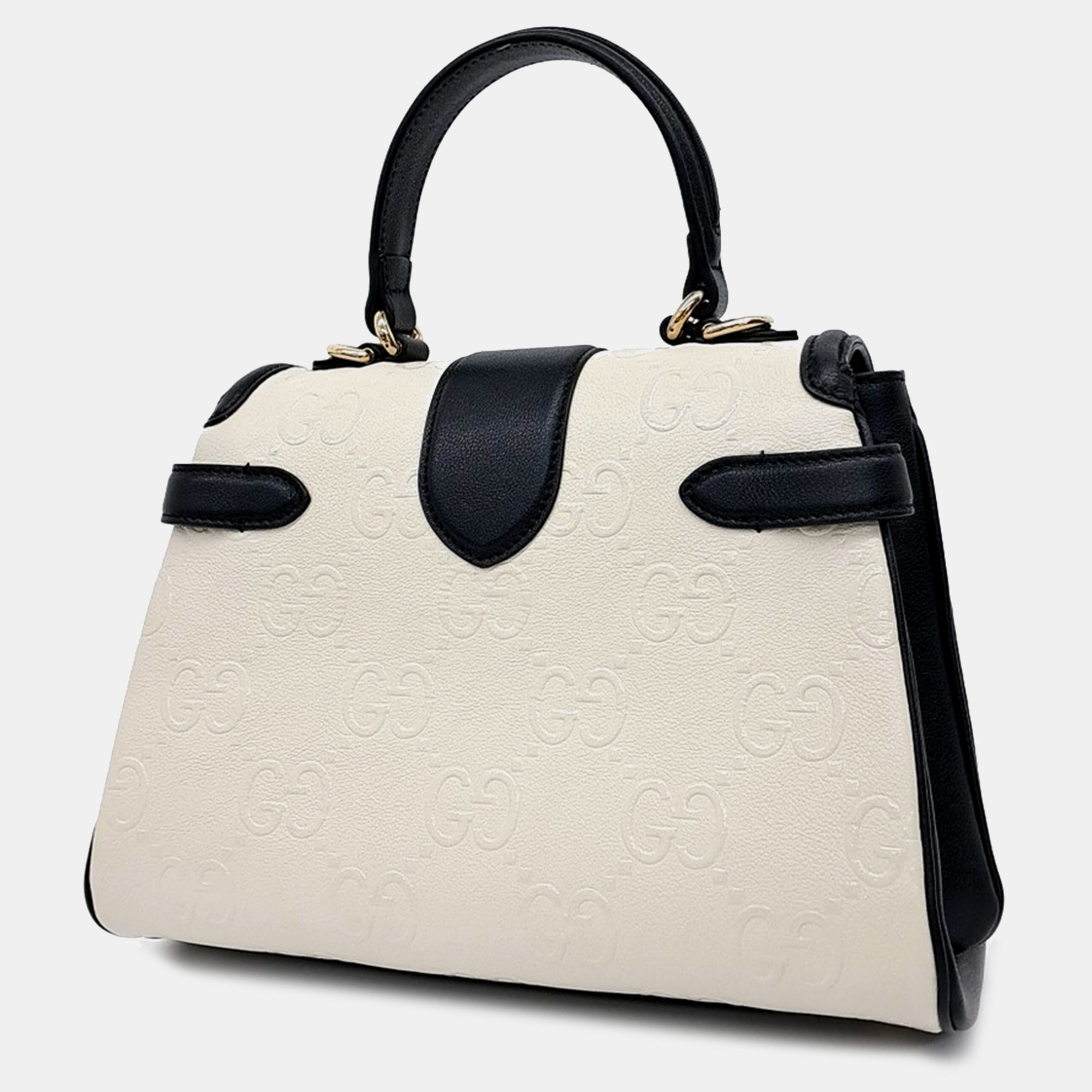 Gucci Black White Leather Small GG Top Handle Bag 