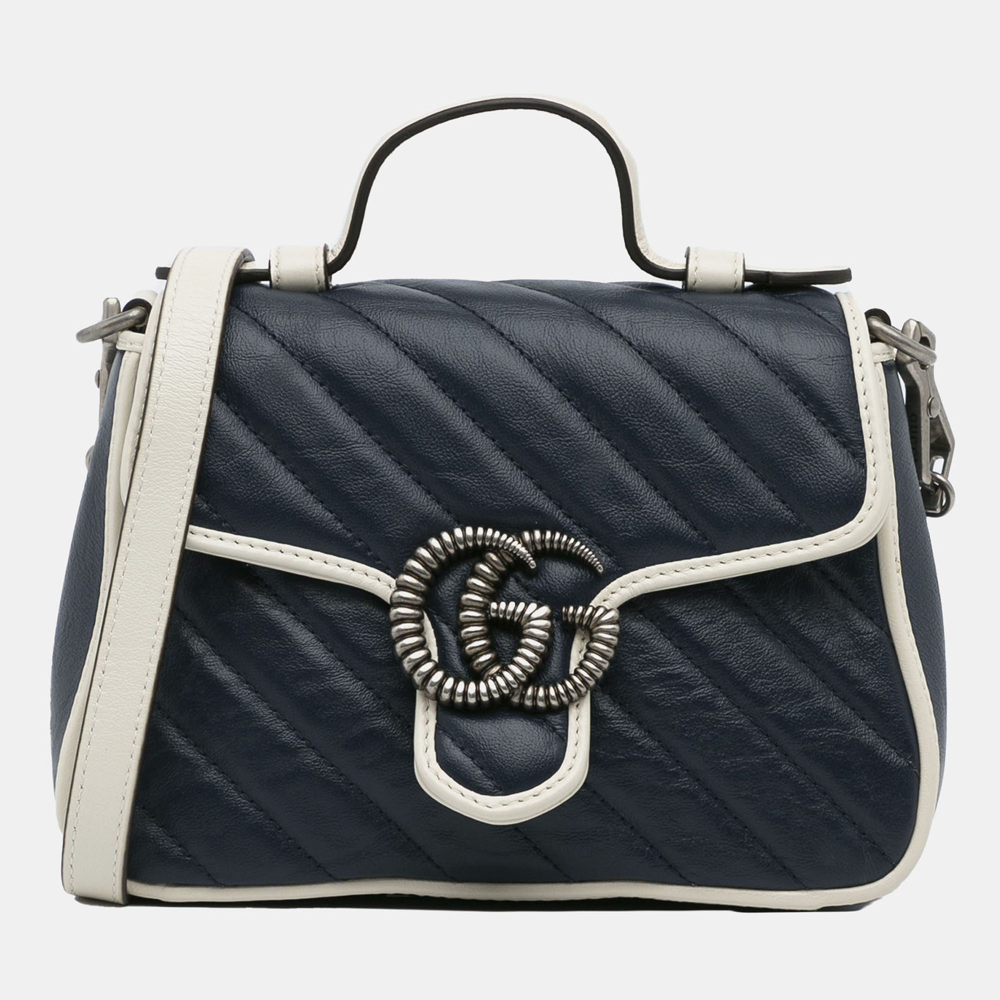 

Gucci Blue Calf Leather Mini GG Marmont Torchon Top Handle Bag