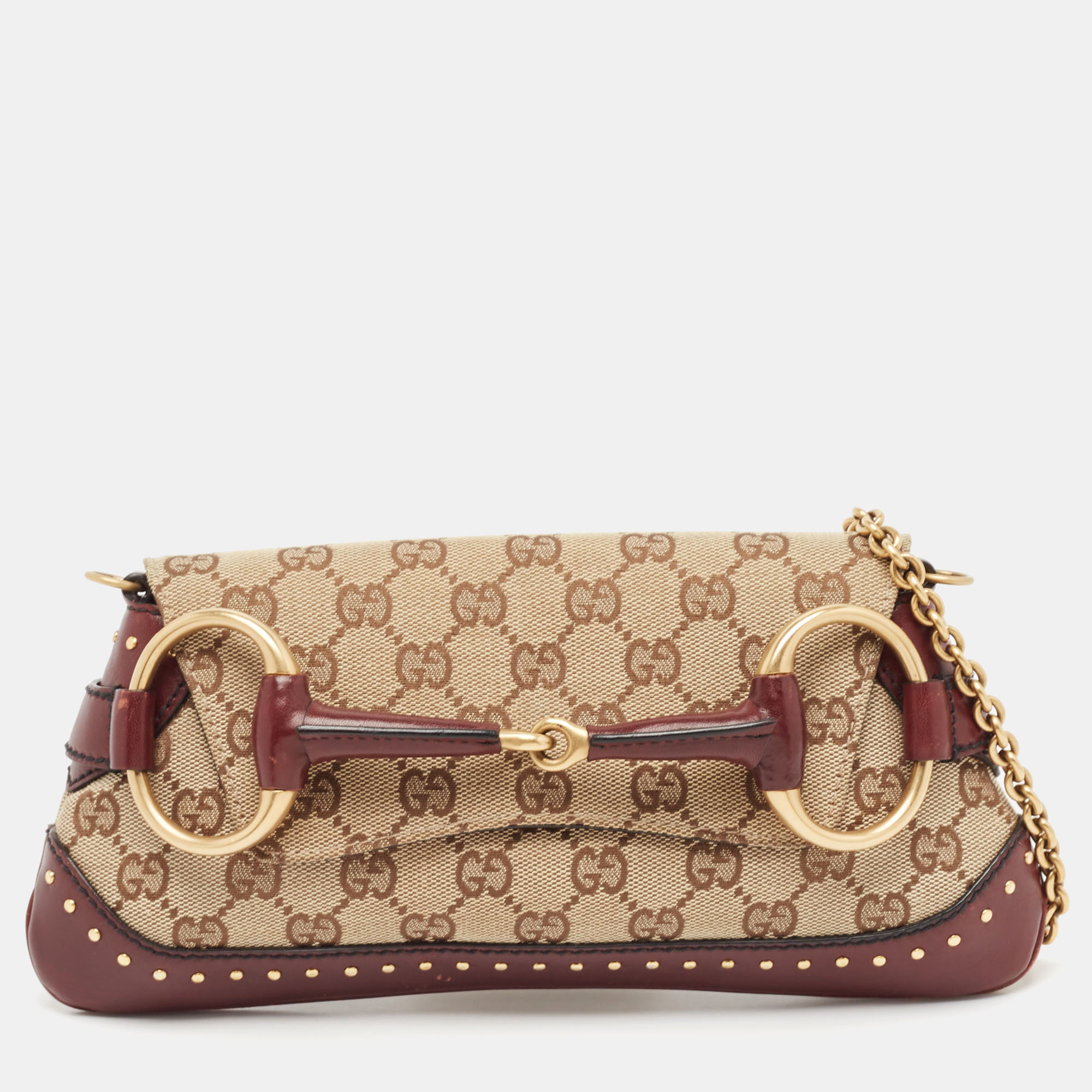 

Gucci Burgundy/Brown GG Canvas and Leather Horsebit Studded Chain Clutch