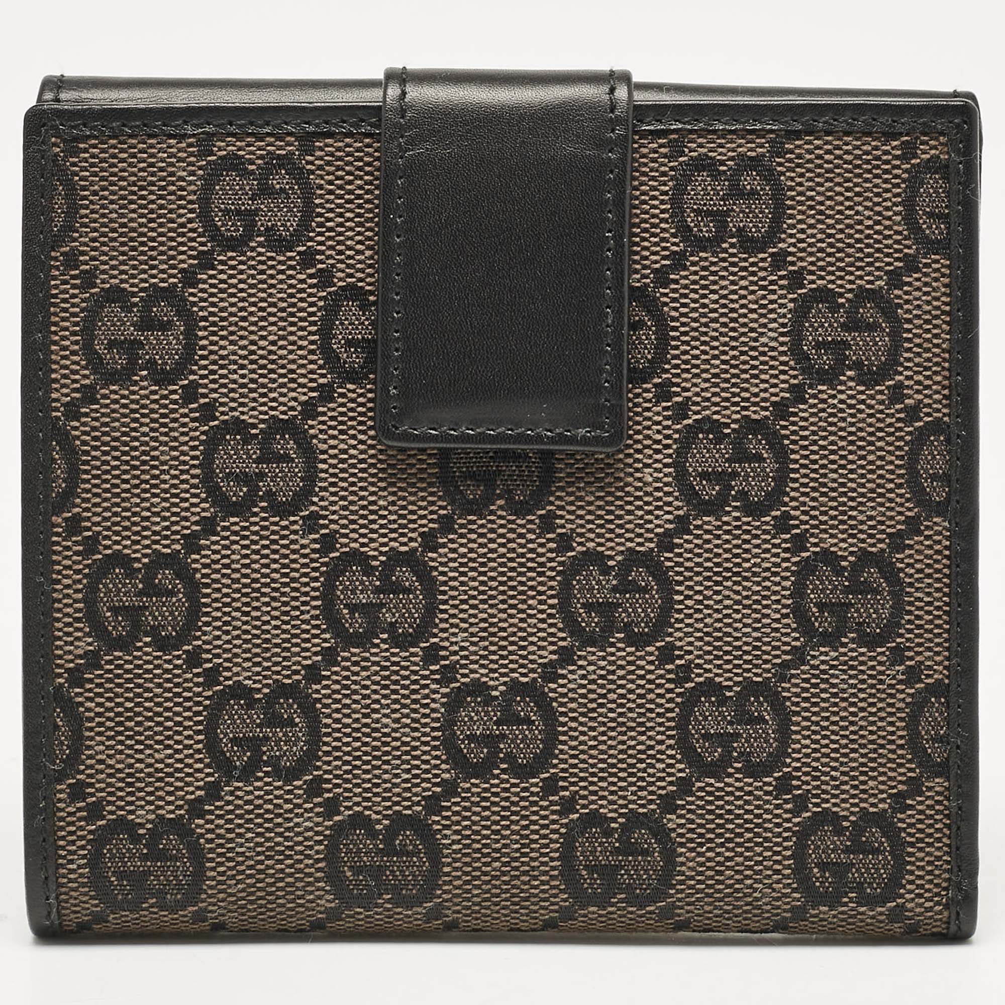 Gucci Black GG Canvas and Leather French Compact Wallet 