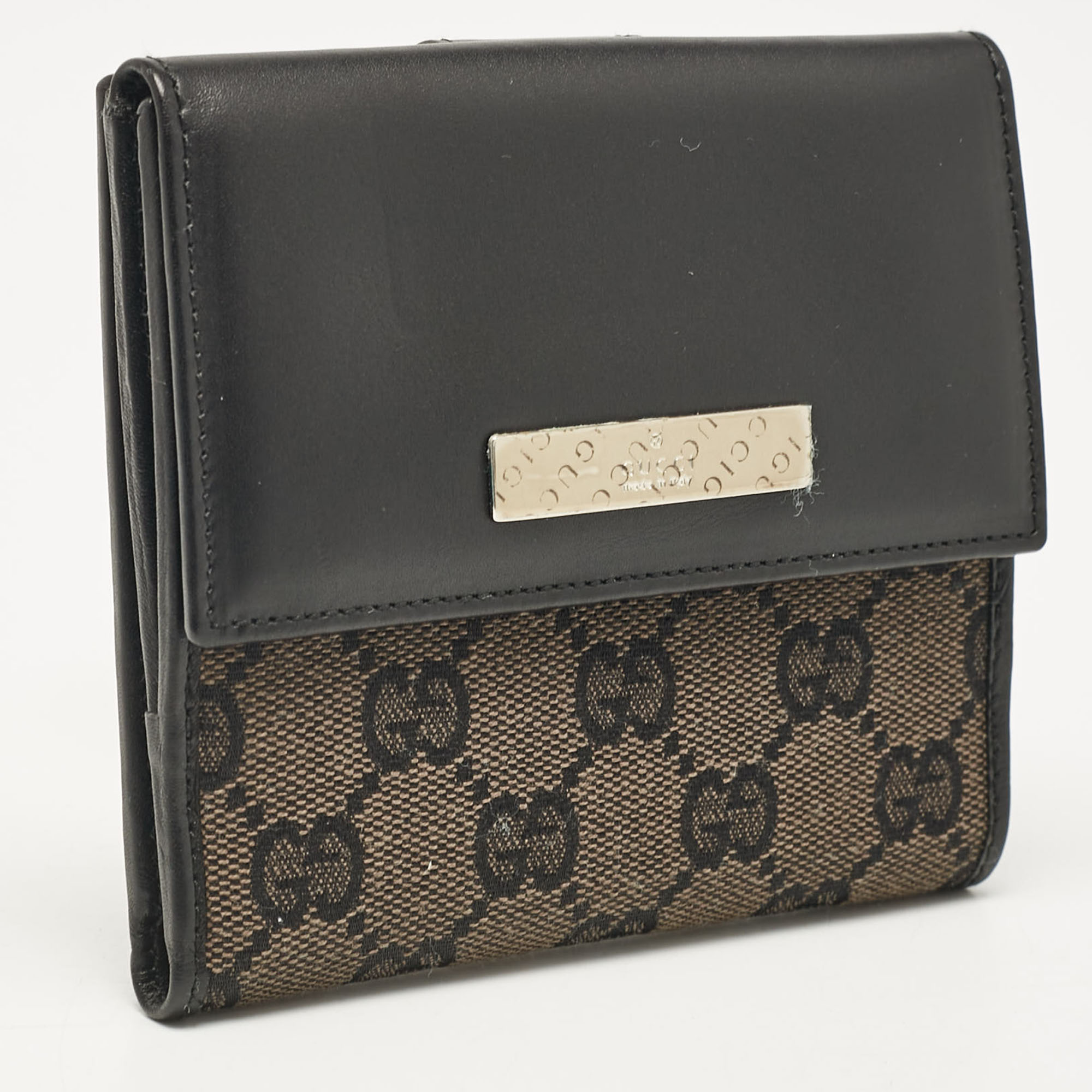 Gucci Black GG Canvas and Leather French Compact Wallet 