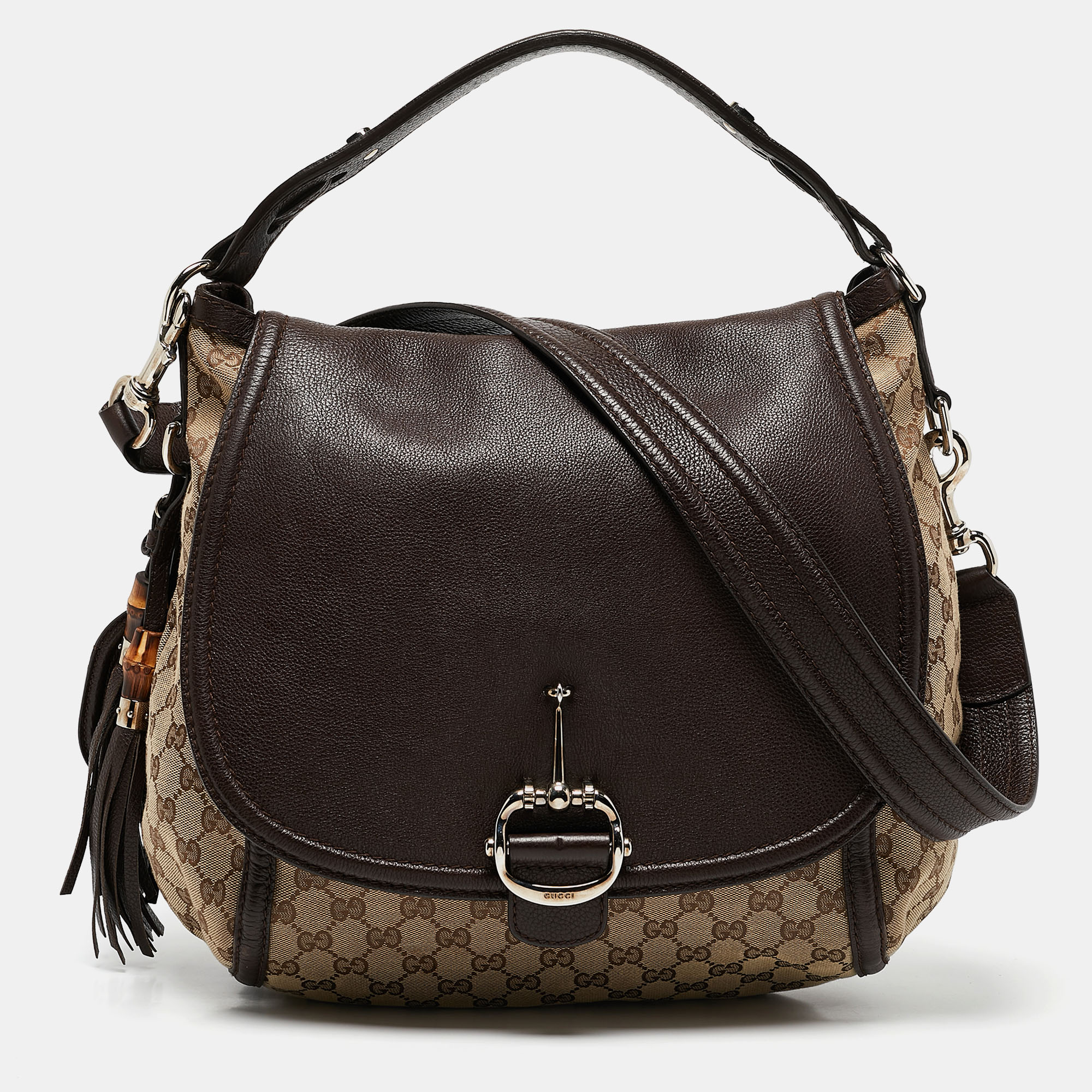 

Gucci Beige/Ebony GG Canvas and Leather Techno Horsebit Flap Bag, Brown