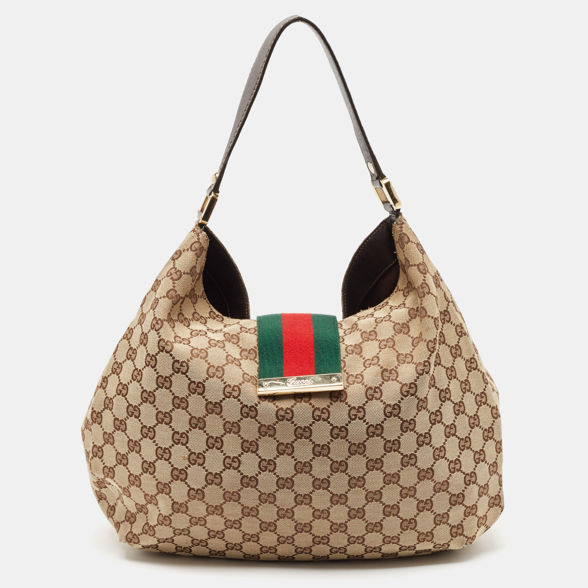 

Gucci Beige/Brown GG Canvas and Leather New Ladies Web Hobo