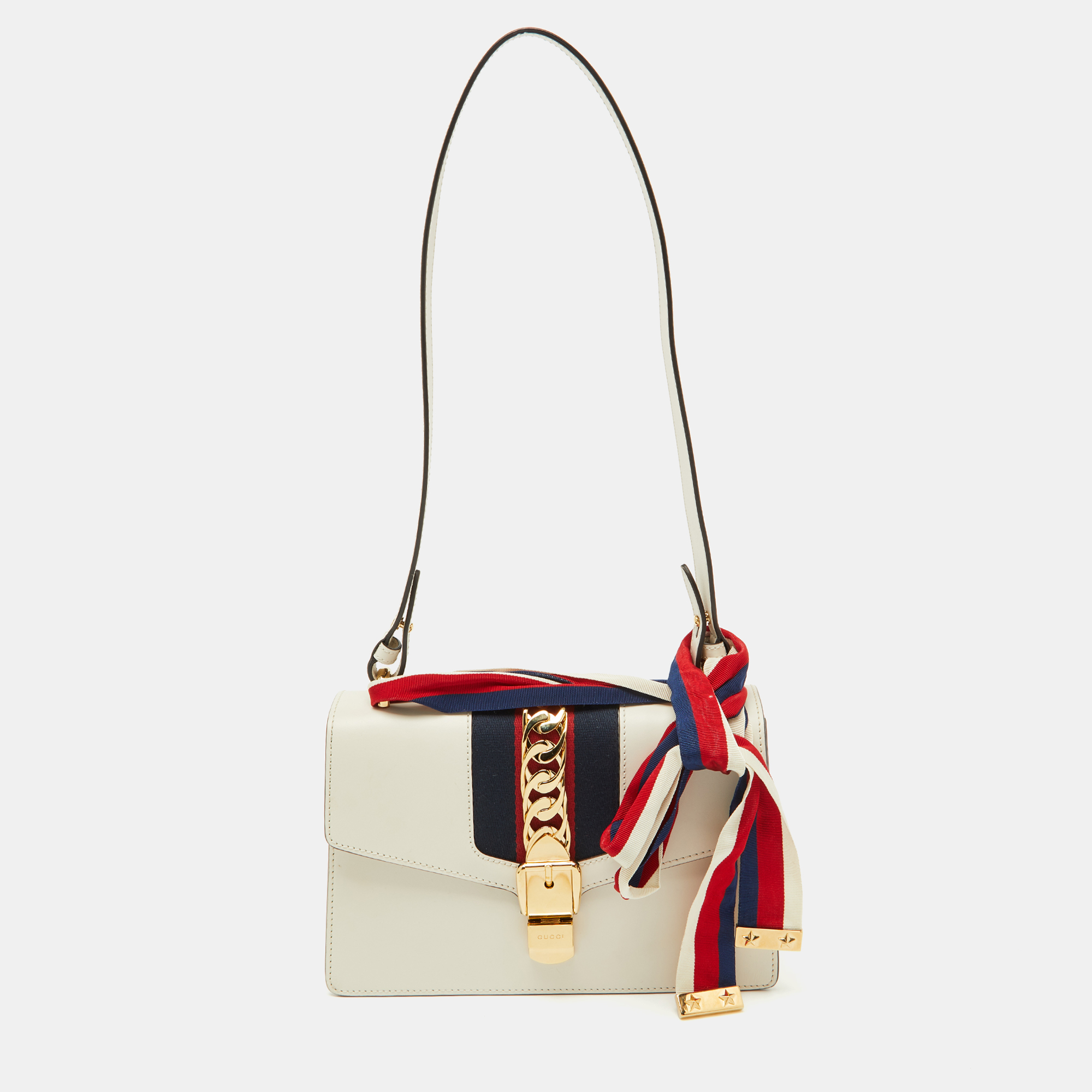 

Gucci White Leather Small Web Chain Sylvie Flap Shoulder Bag