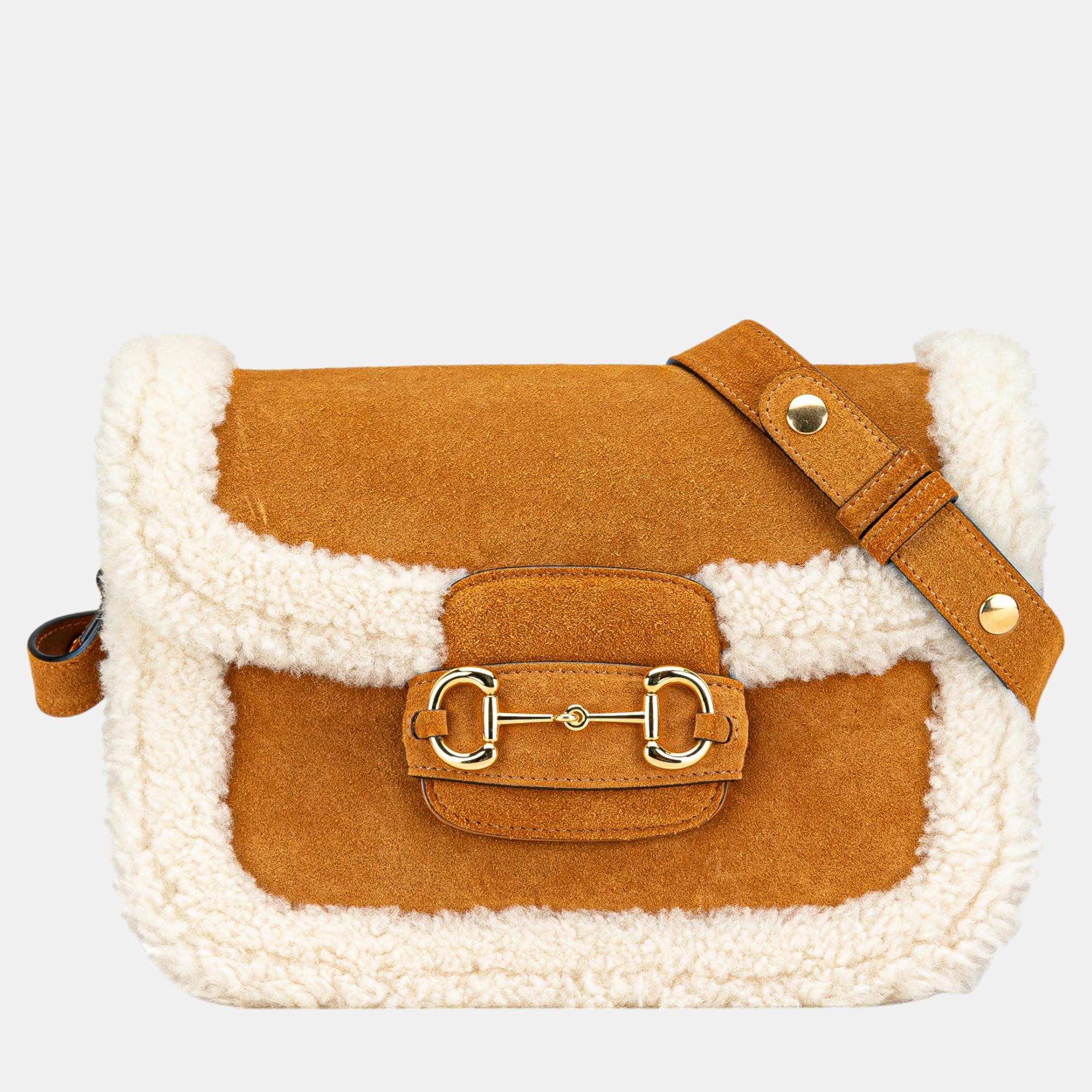 

Gucci Brown Small Shearling Trimmed Suede Horsebit 1955 Crossbody