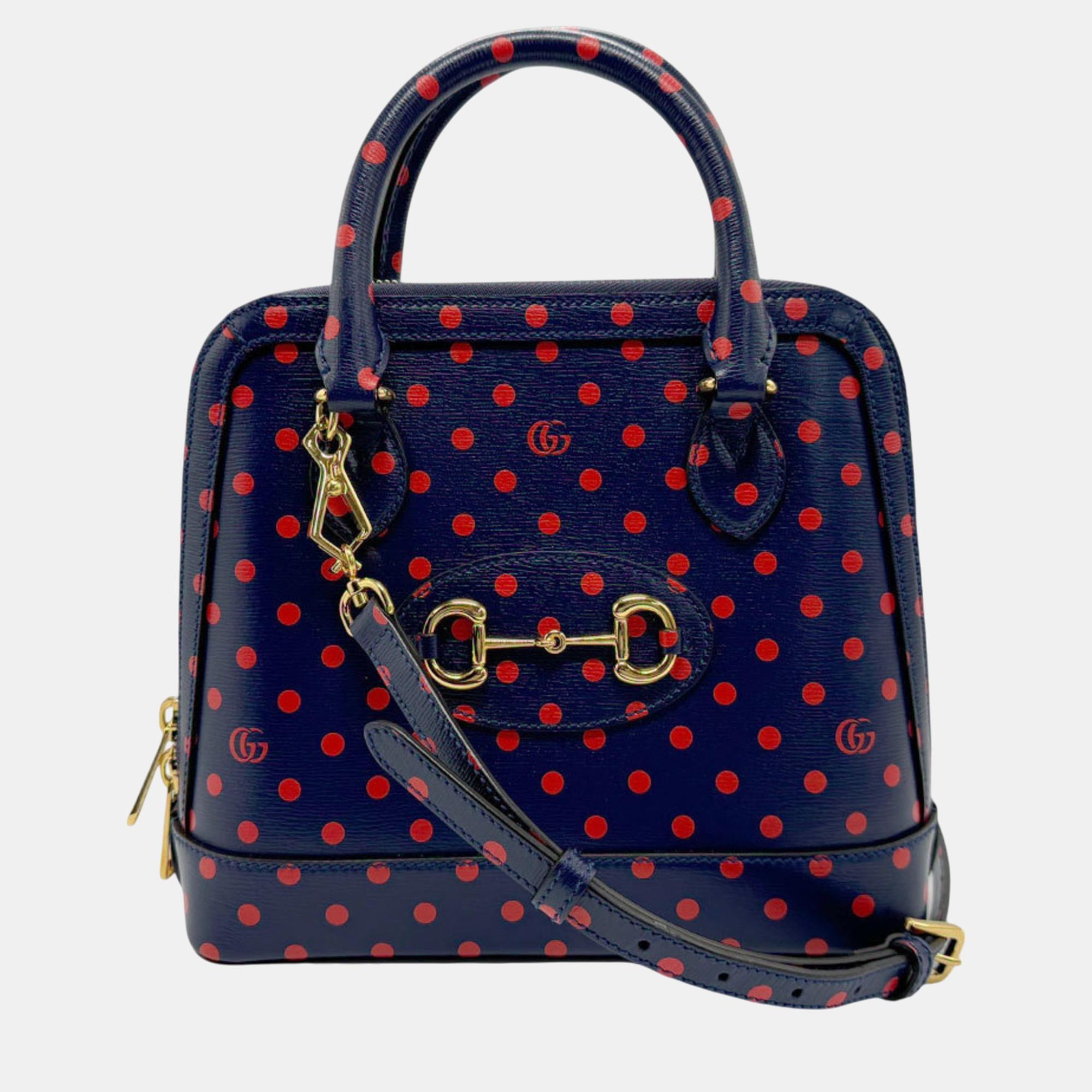 

Gucci Leather Navy Red Gold Horsebit Shoulder Bag, Navy blue