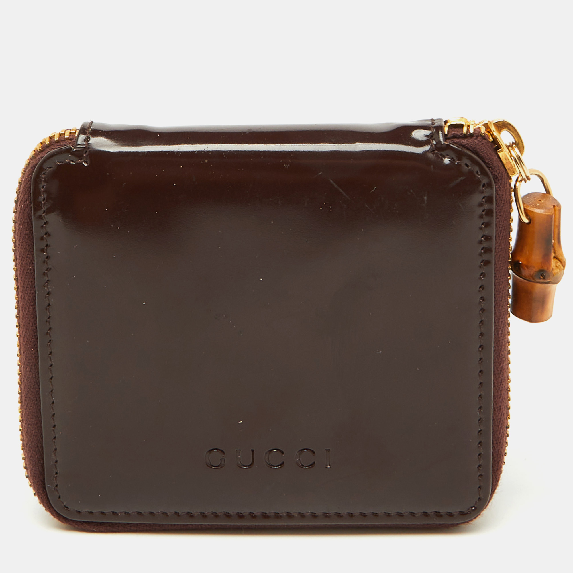 

Gucci Dark Brown Leather Compact Bamboo Zip Around Wallet