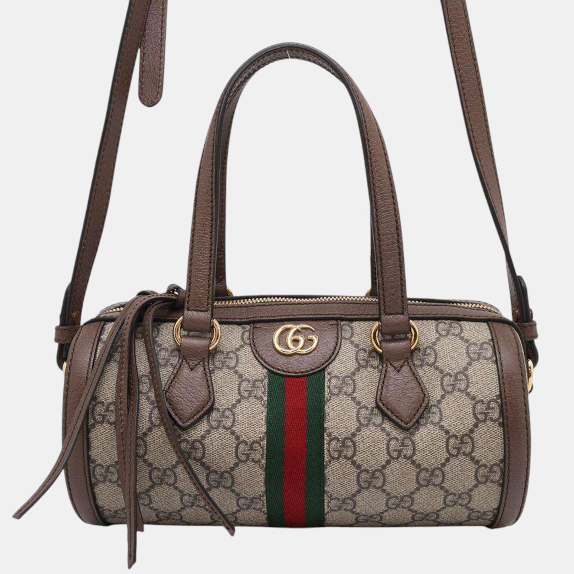 

Gucci Brown Gg Supreme Canvas Leather Ophidia Gg Top Handle Bag Size Small