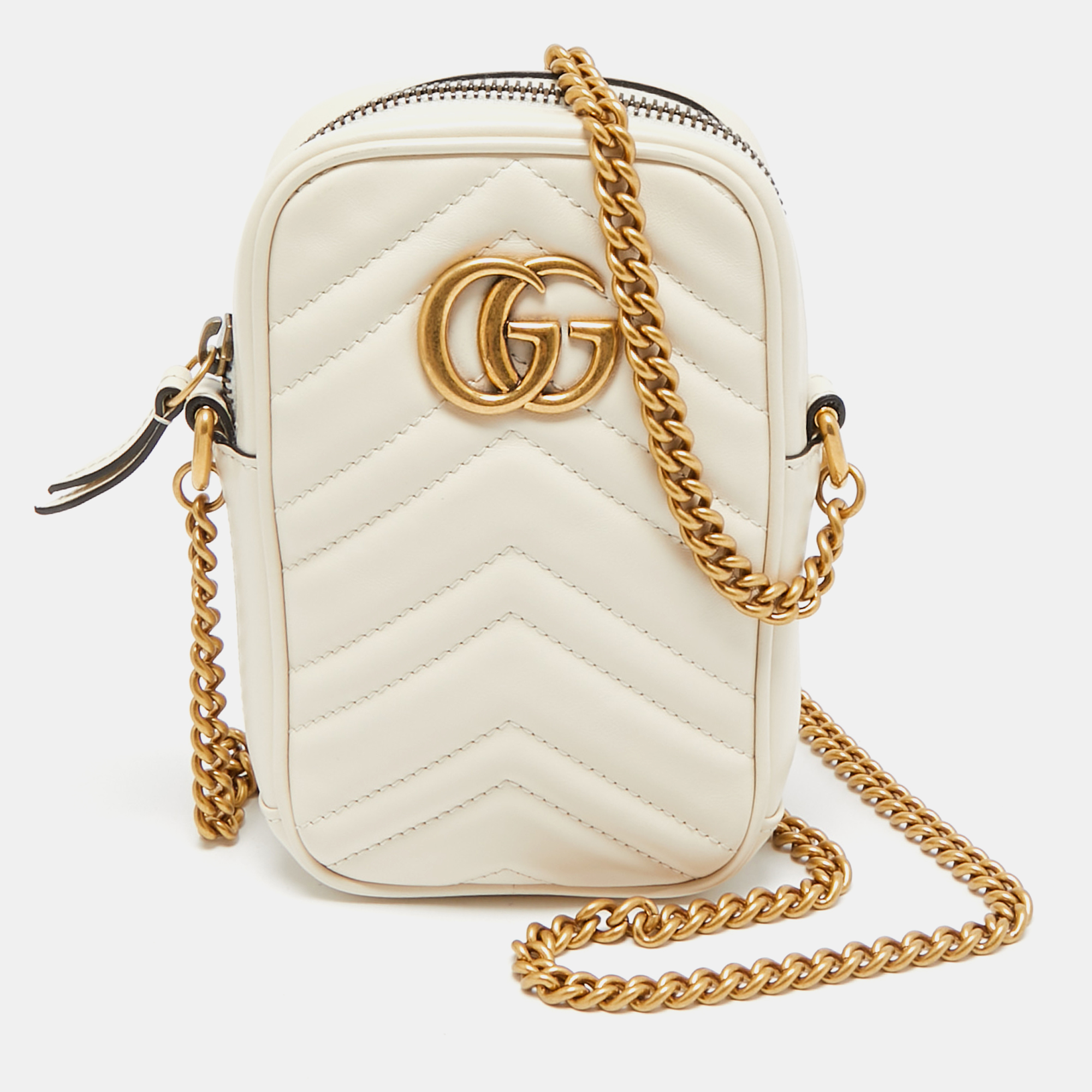 

Gucci Off White Matelassé Leather Mini GG Marmont Shoulder Bag