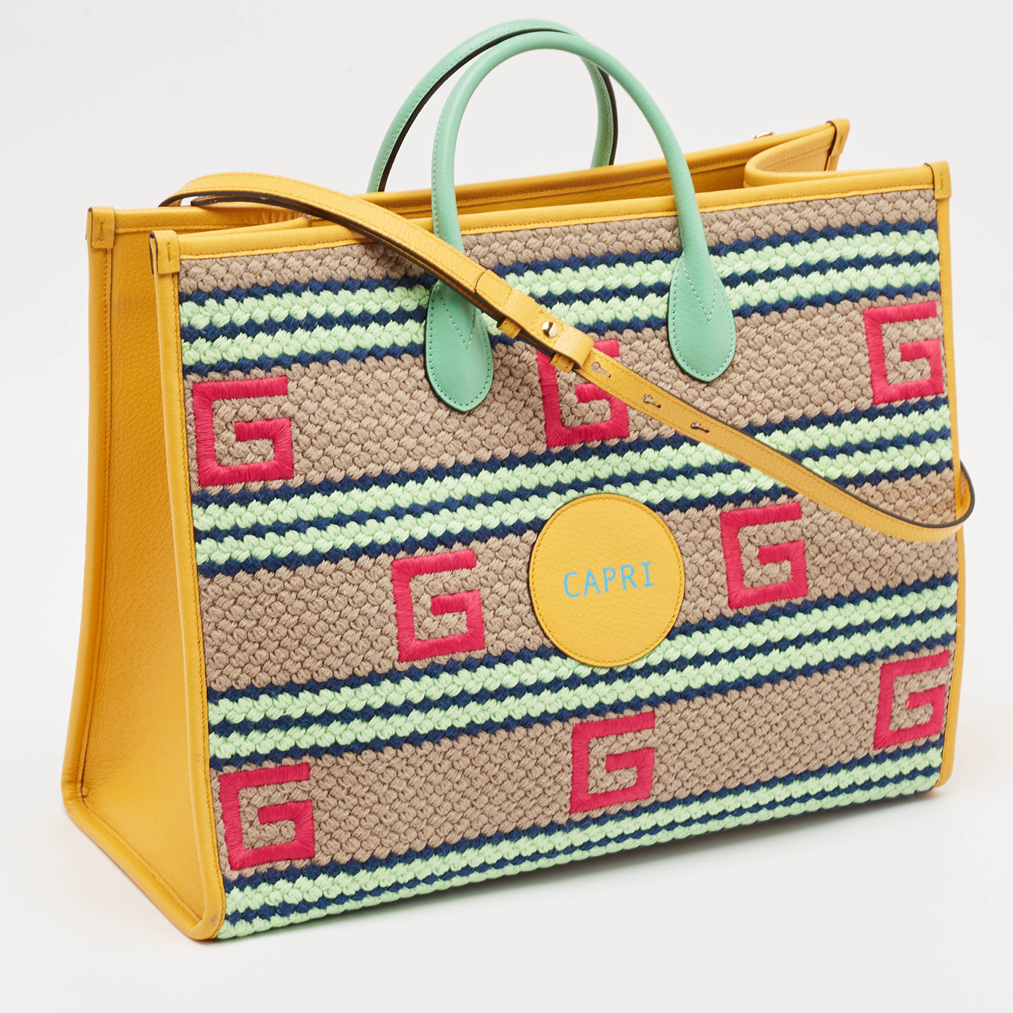 Gucci Multicolor Square G Embroidered Fabric Capri Striped Tote 