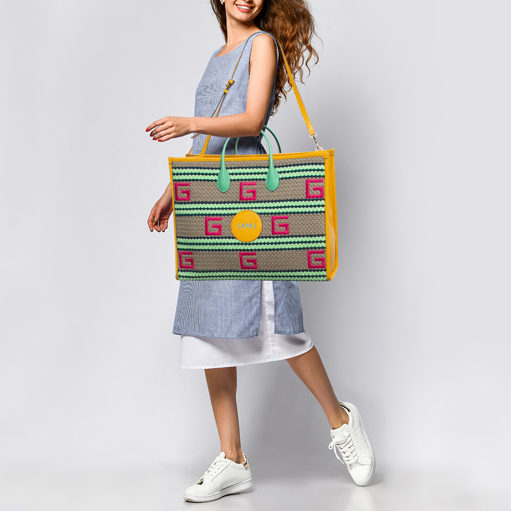 Gucci Multicolor Square G Embroidered Fabric Capri Striped Tote 