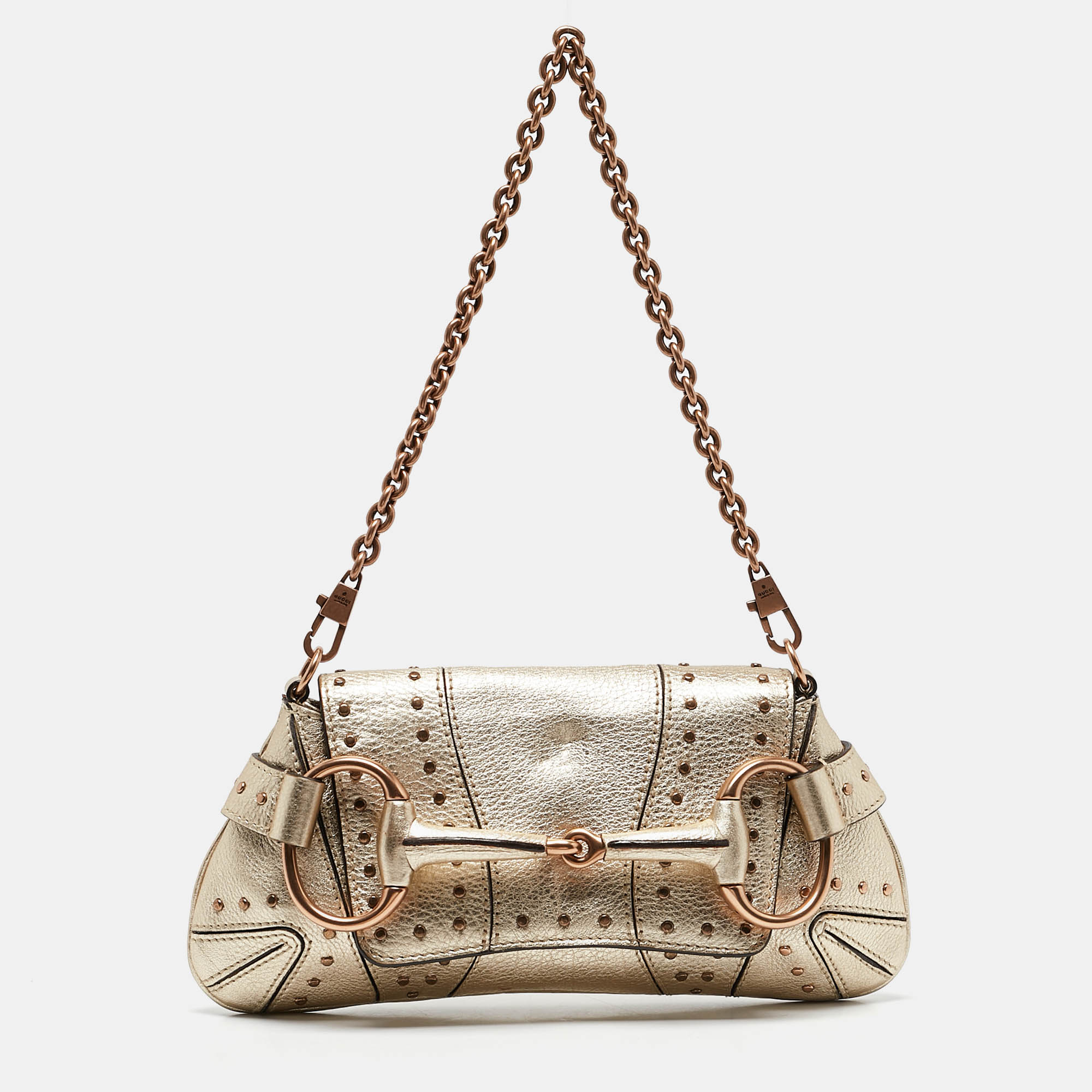 

Gucci Light Gold Leather Horsebit Pochette Bag