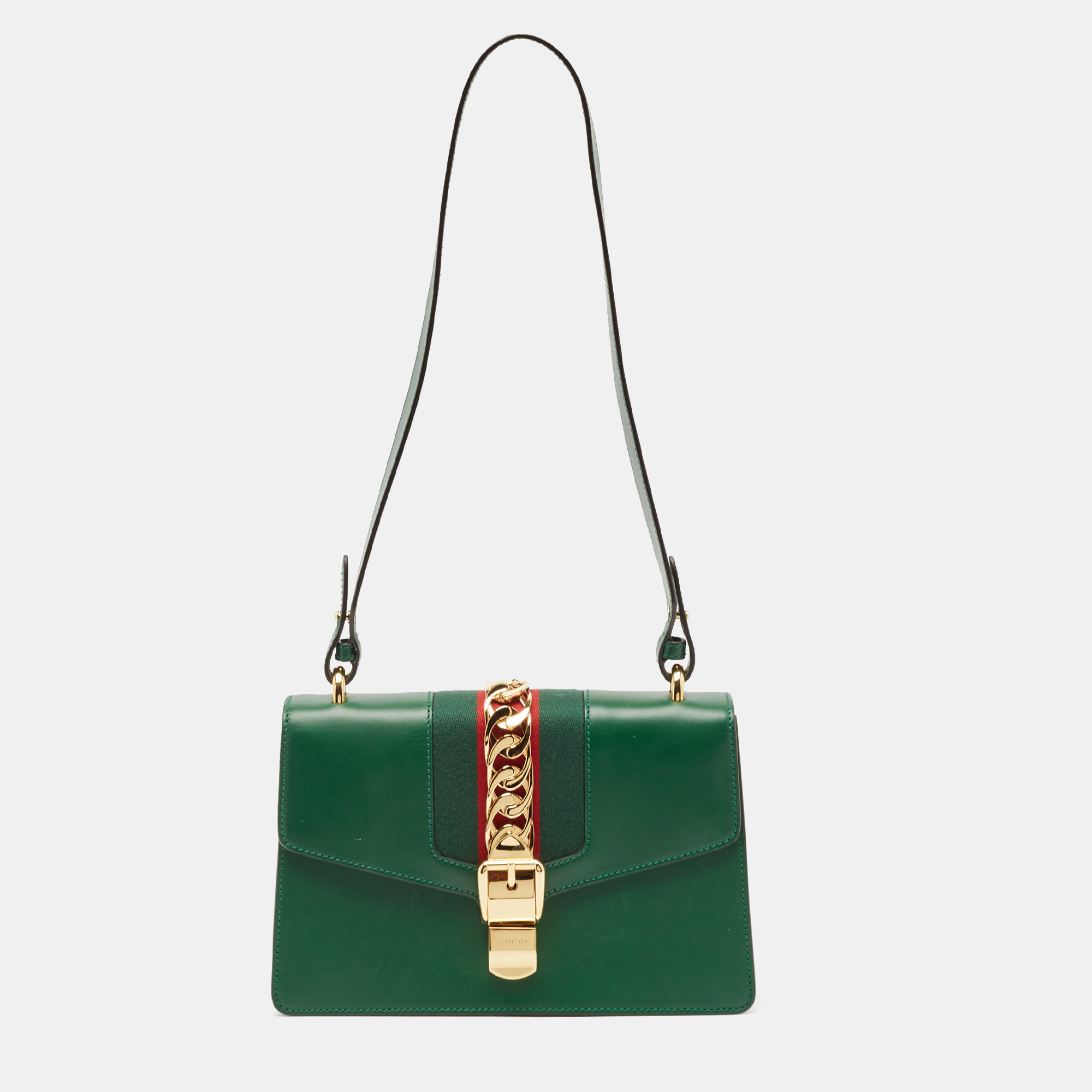 Pre-owned Gucci Green Leather Small Web Chain Sylvie Shoulder Bag