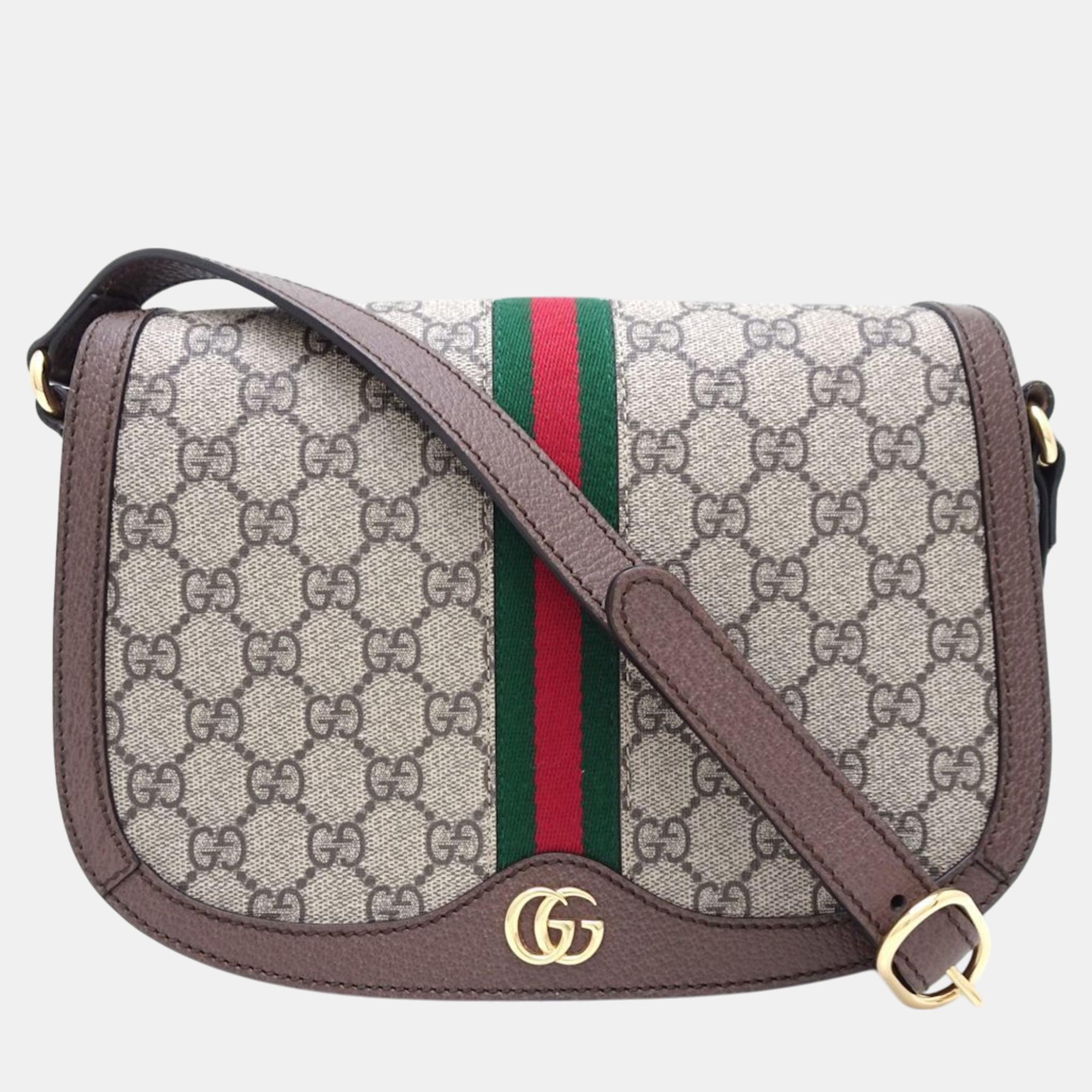 

Gucci Beige Brown Gg Supreme Canvas X Leather Ophidia Sherry Line Shoulder Bag