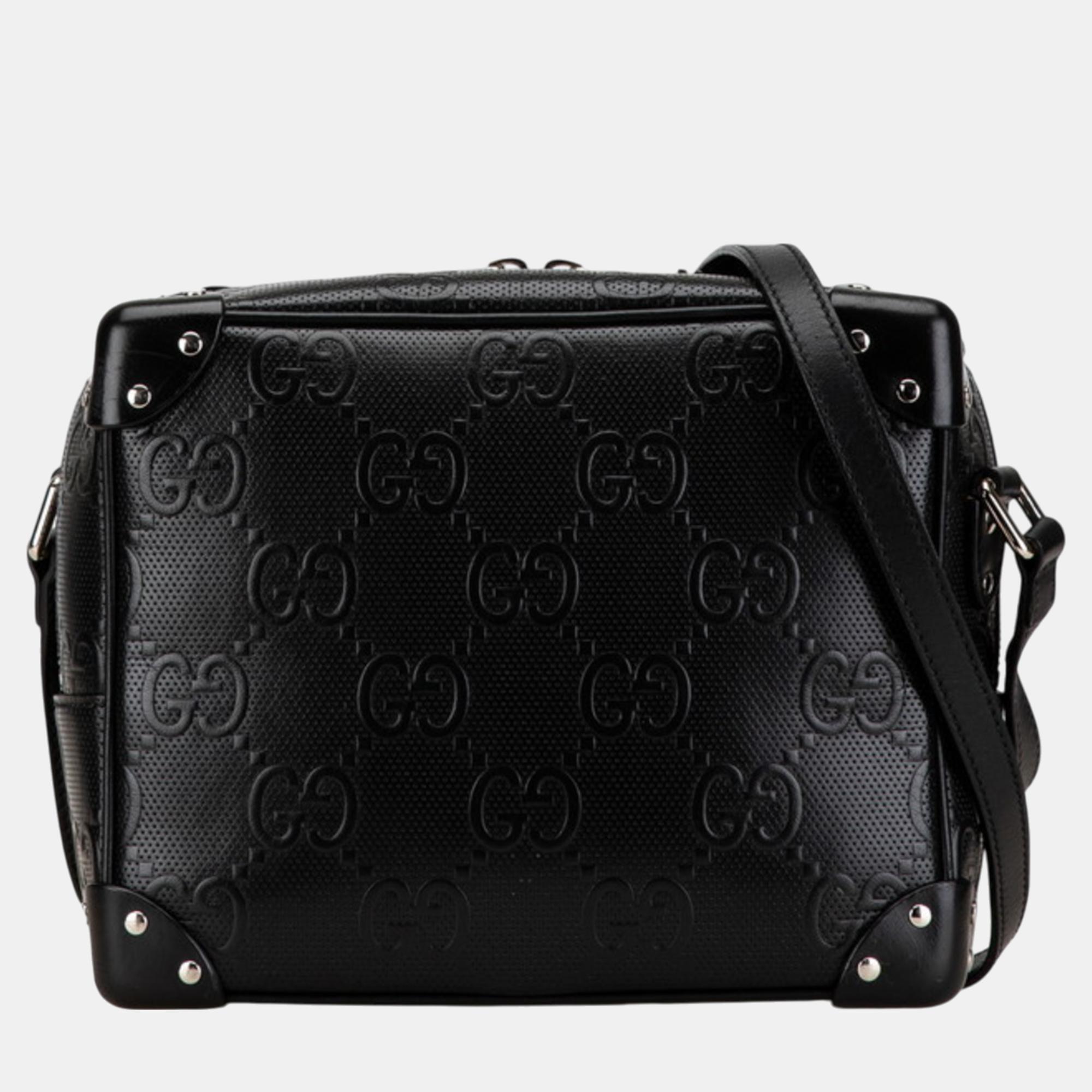 

Gucci Black Leather Gg Embossed Shoulder Bag