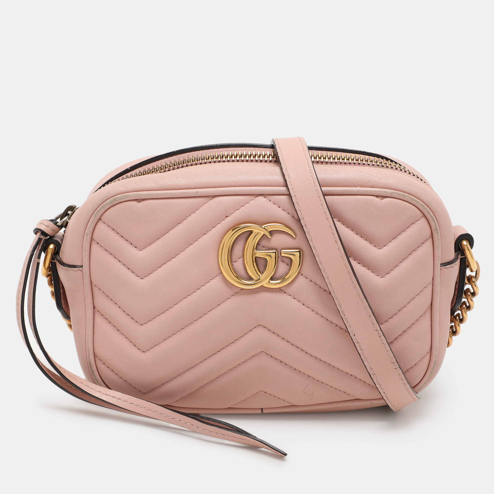 Pre-owned Gucci Pink Matelassé Leather Mini Gg Marmont Crossbody Bag