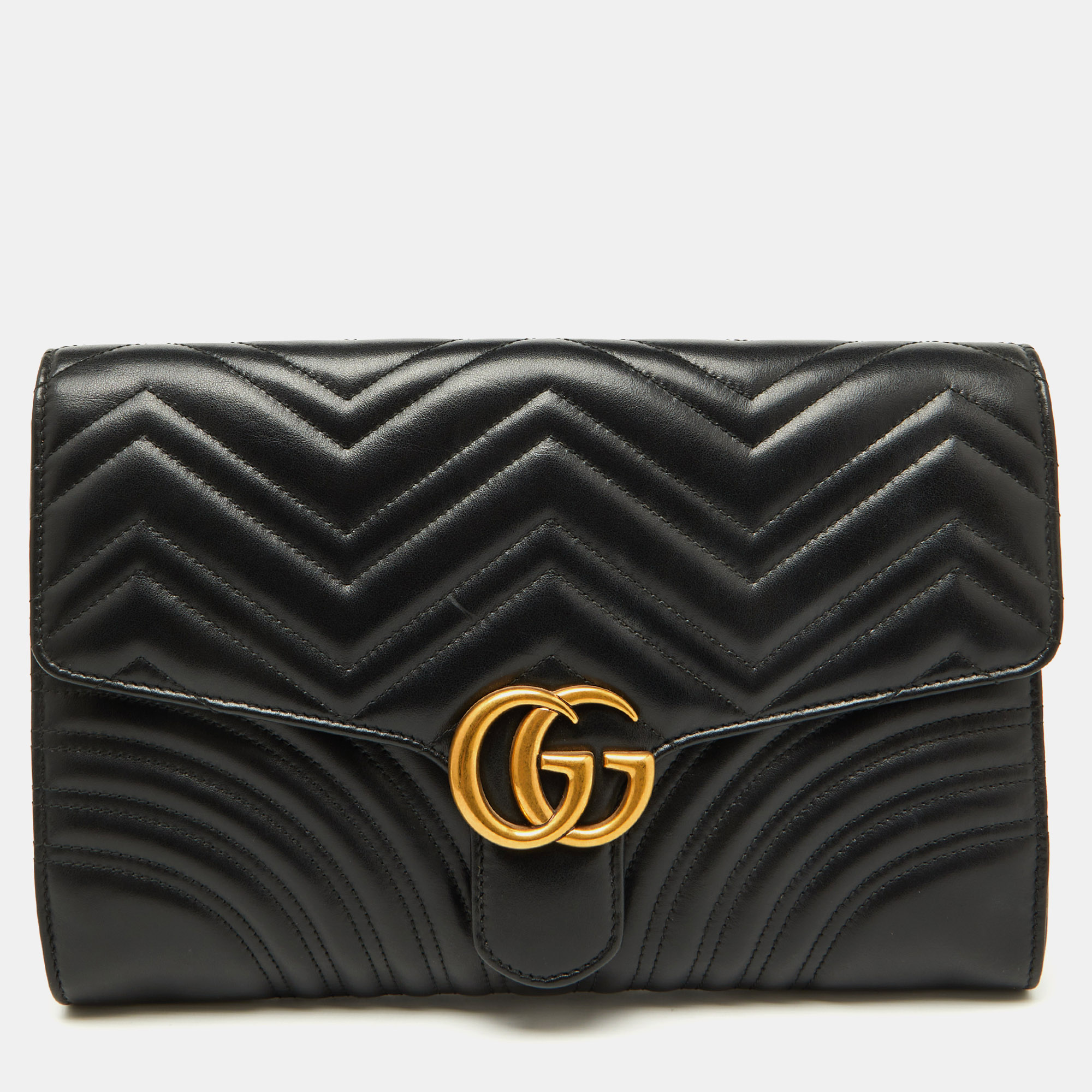 Pre-owned Gucci Black Chevron Leather Gg Marmont Flap Clutch