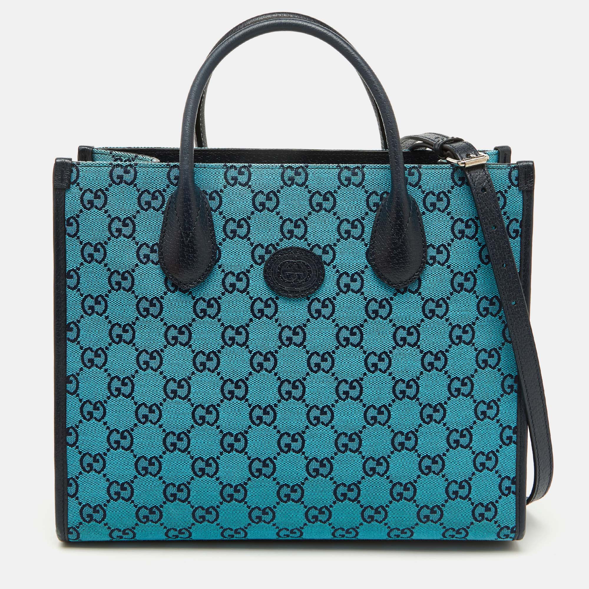 

Gucci Blue/Navy Blue GG Canvas and Leather Small Structured Tote