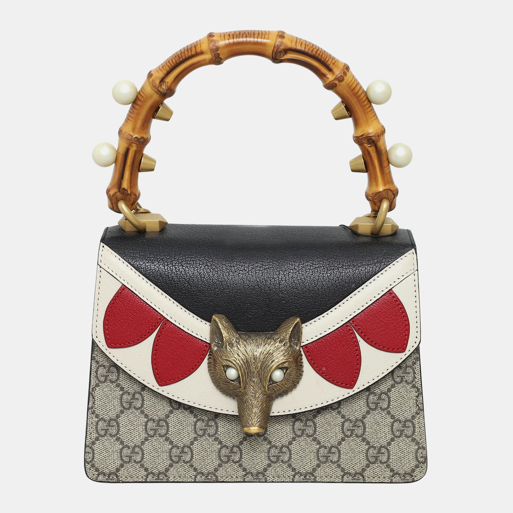 

Gucci GG Supreme Coated Canvas Broche Small Bamboo Top Handle Bag, Beige