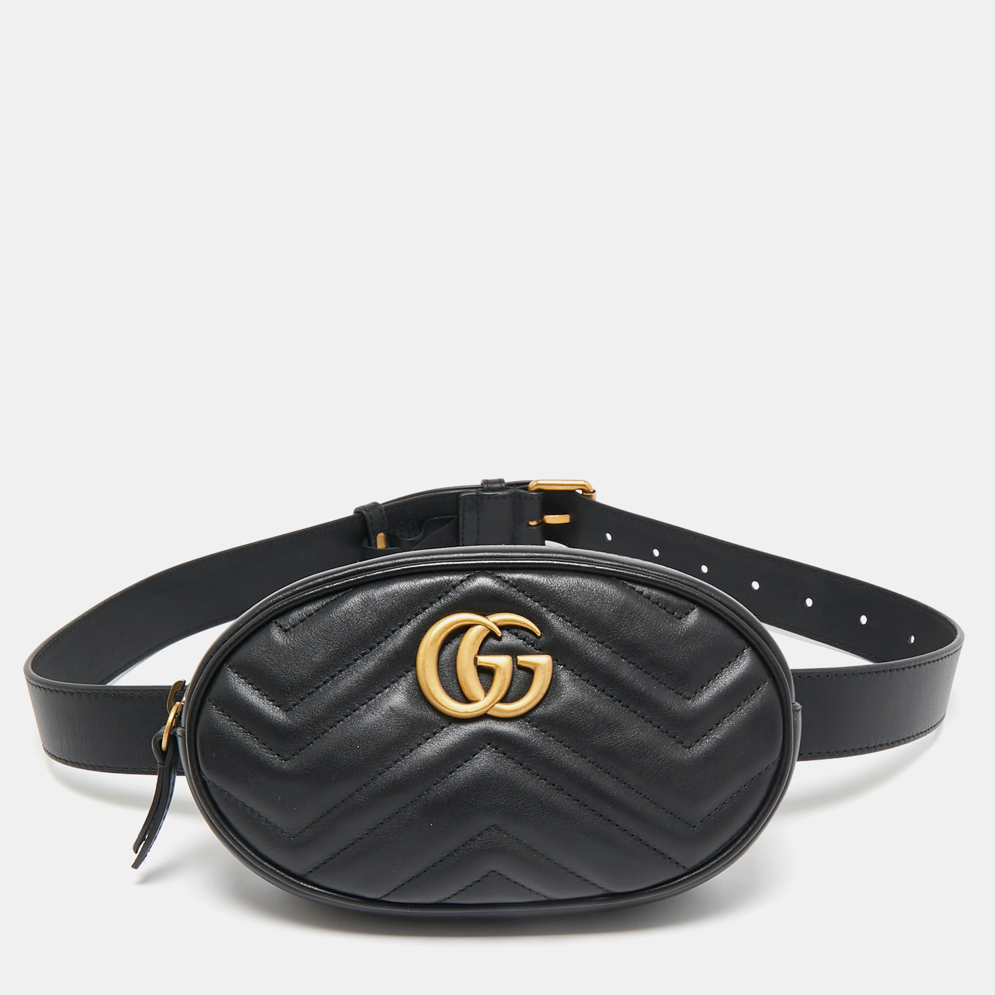 

Gucci Black Matelassé Leather GG Marmont Belt Bag