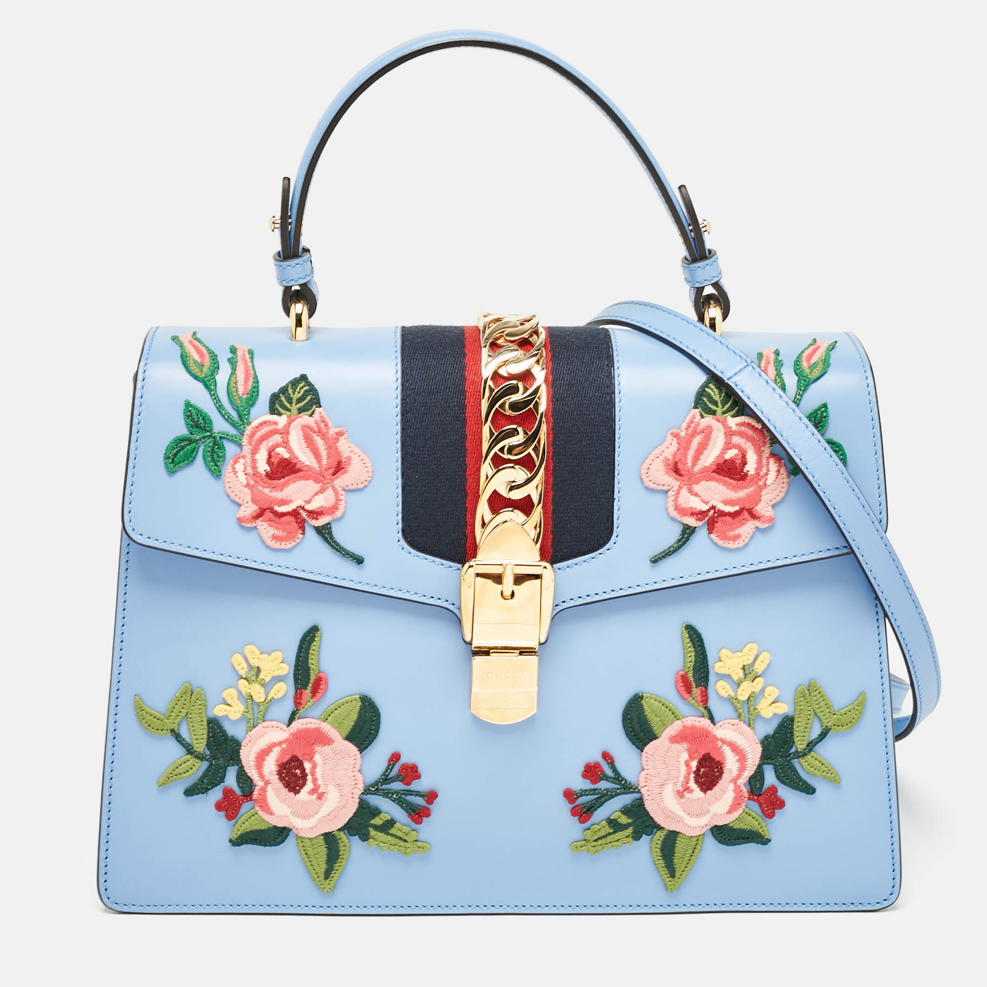 

Gucci Blue Leather Floral Embroidered  Sylvie Top Handle Bag