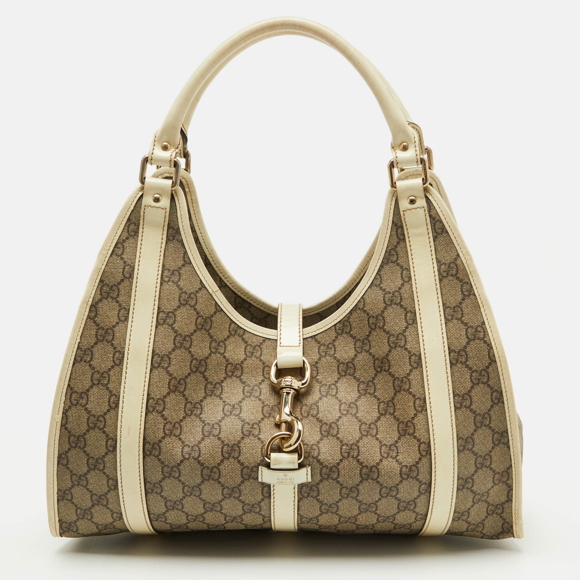 

Gucci Beige/White GG Supreme Canvas and Patent Leather Bardot Joy Hobo