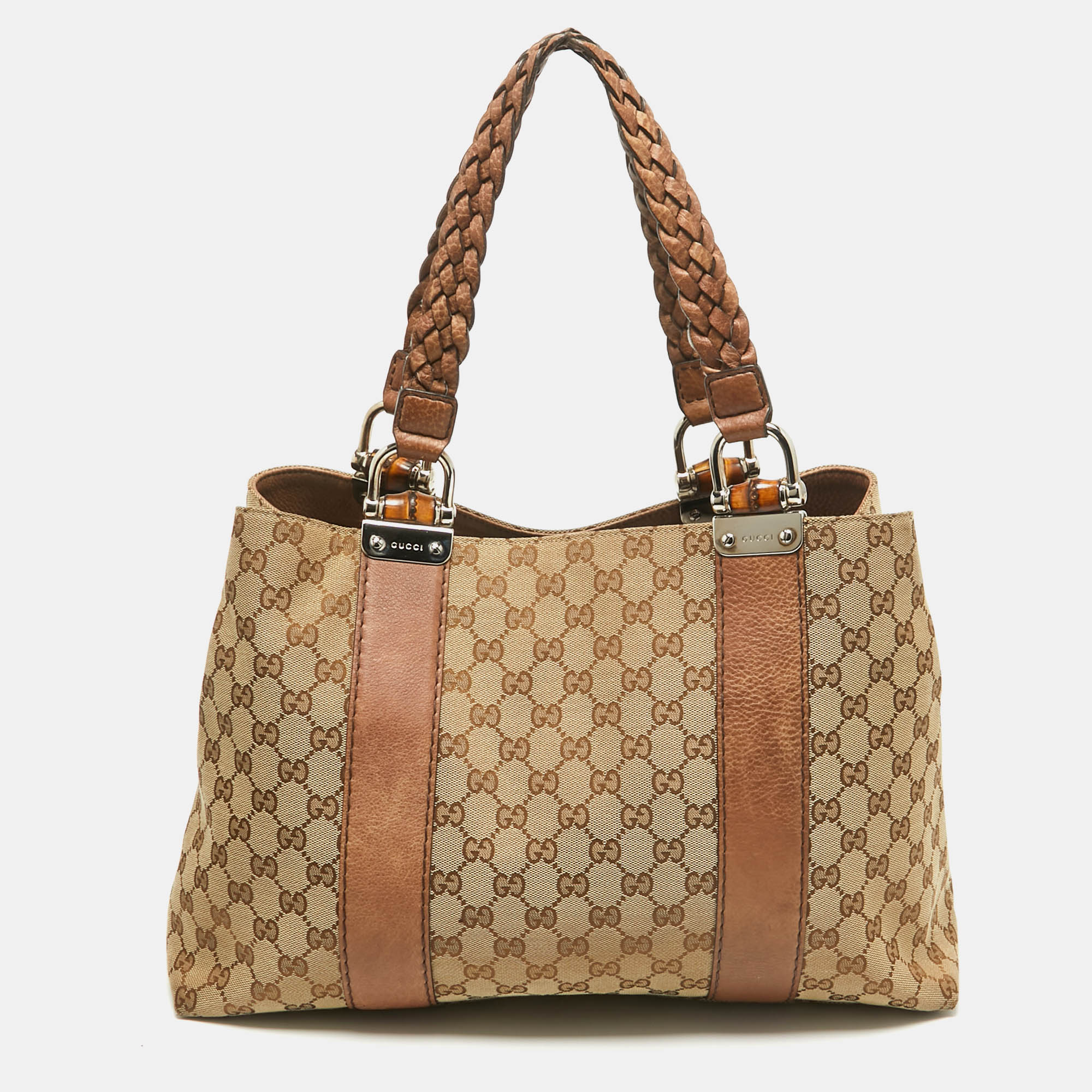 

Gucci Beige/Brown GG Canvas and Leather Medium Bamboo Bar Tote