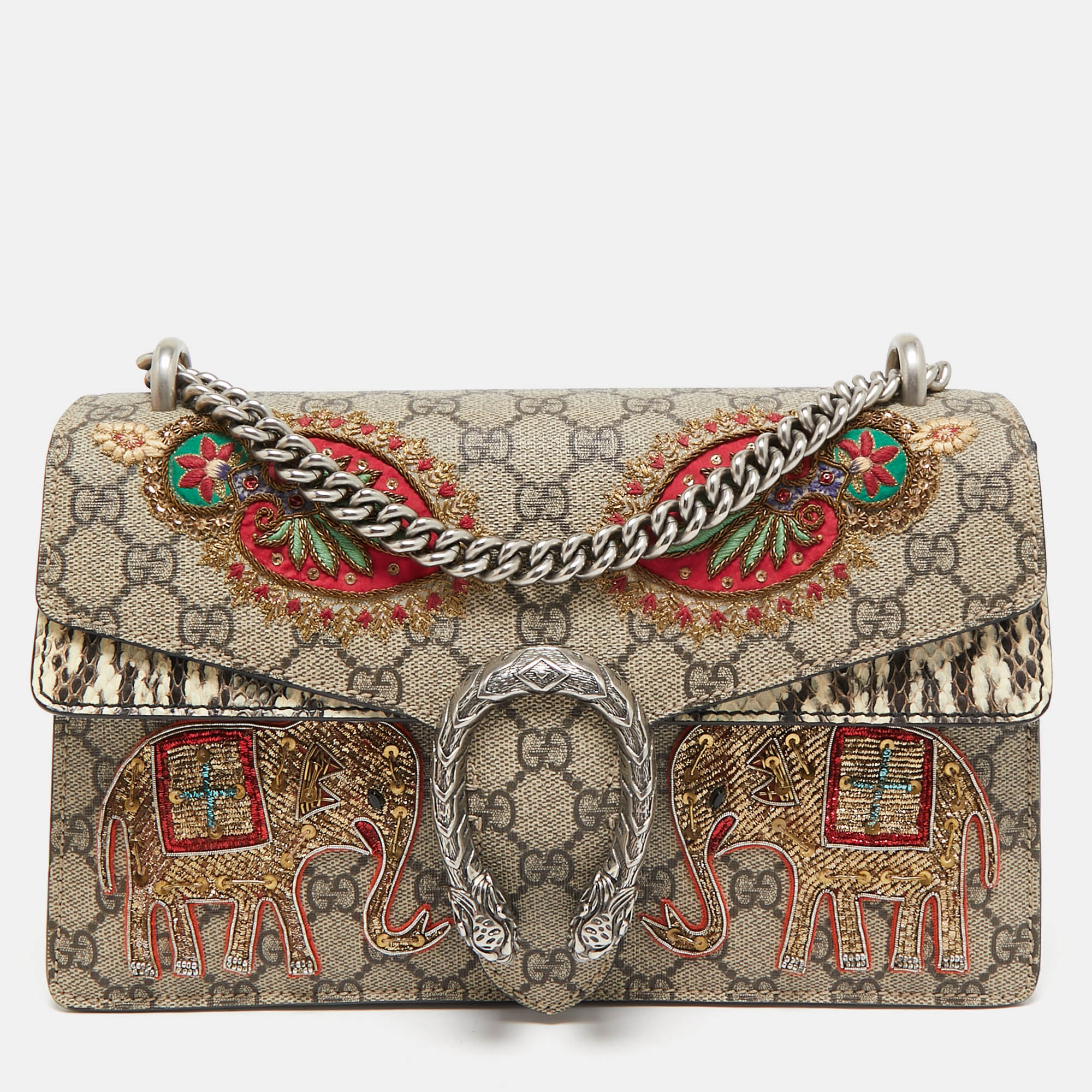 

Gucci Beige GG Supreme Canvas and Watersnake Small Elephant Embroidered Dionysus Shoulder Bag