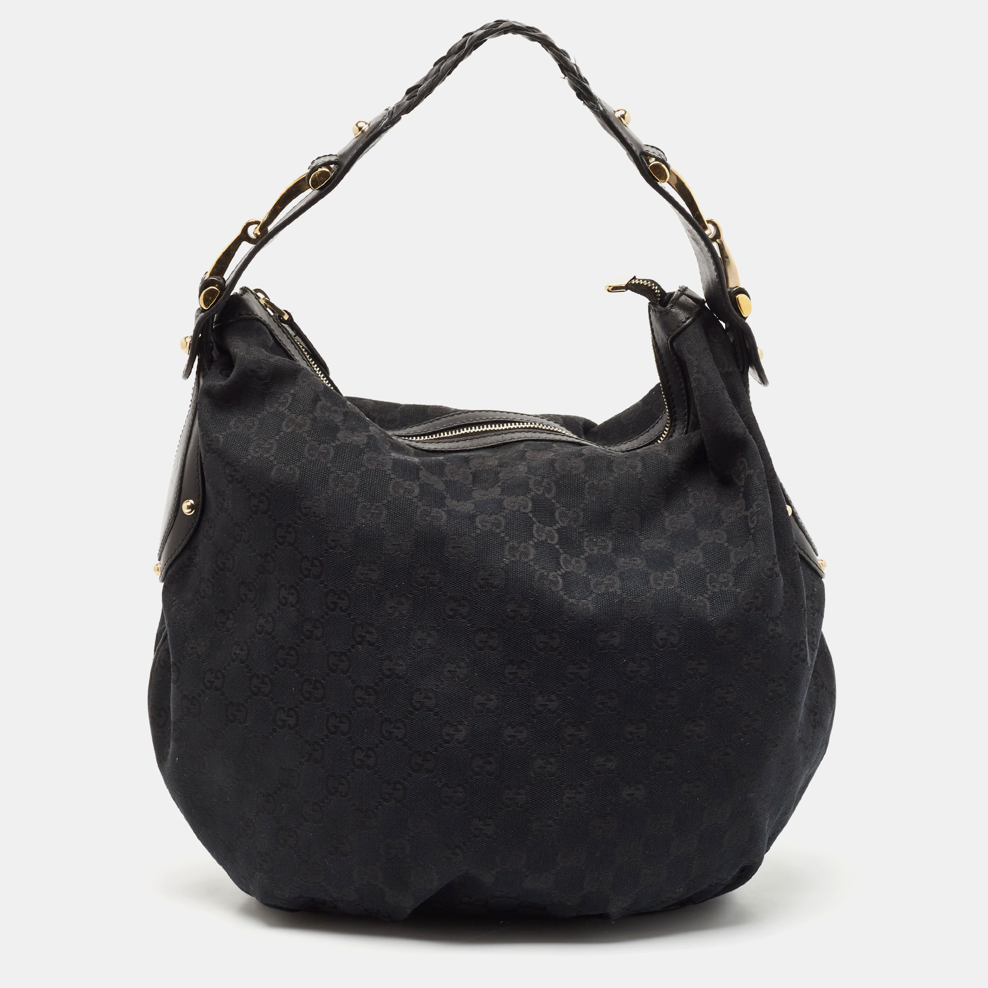 

Gucci Black GG Canvas and Leather GG Marmont Medium Pelham Hobo