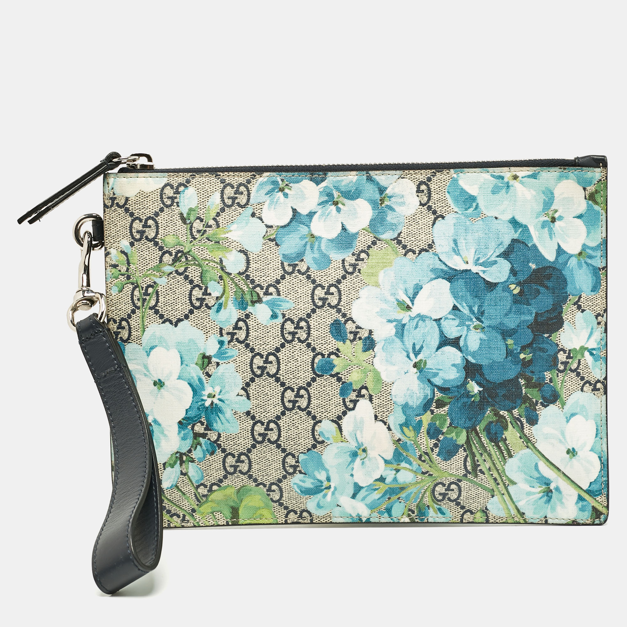 

Gucci Blue/Beige GG Supreme Canvas and Leather Blooms Wristlet Pouch