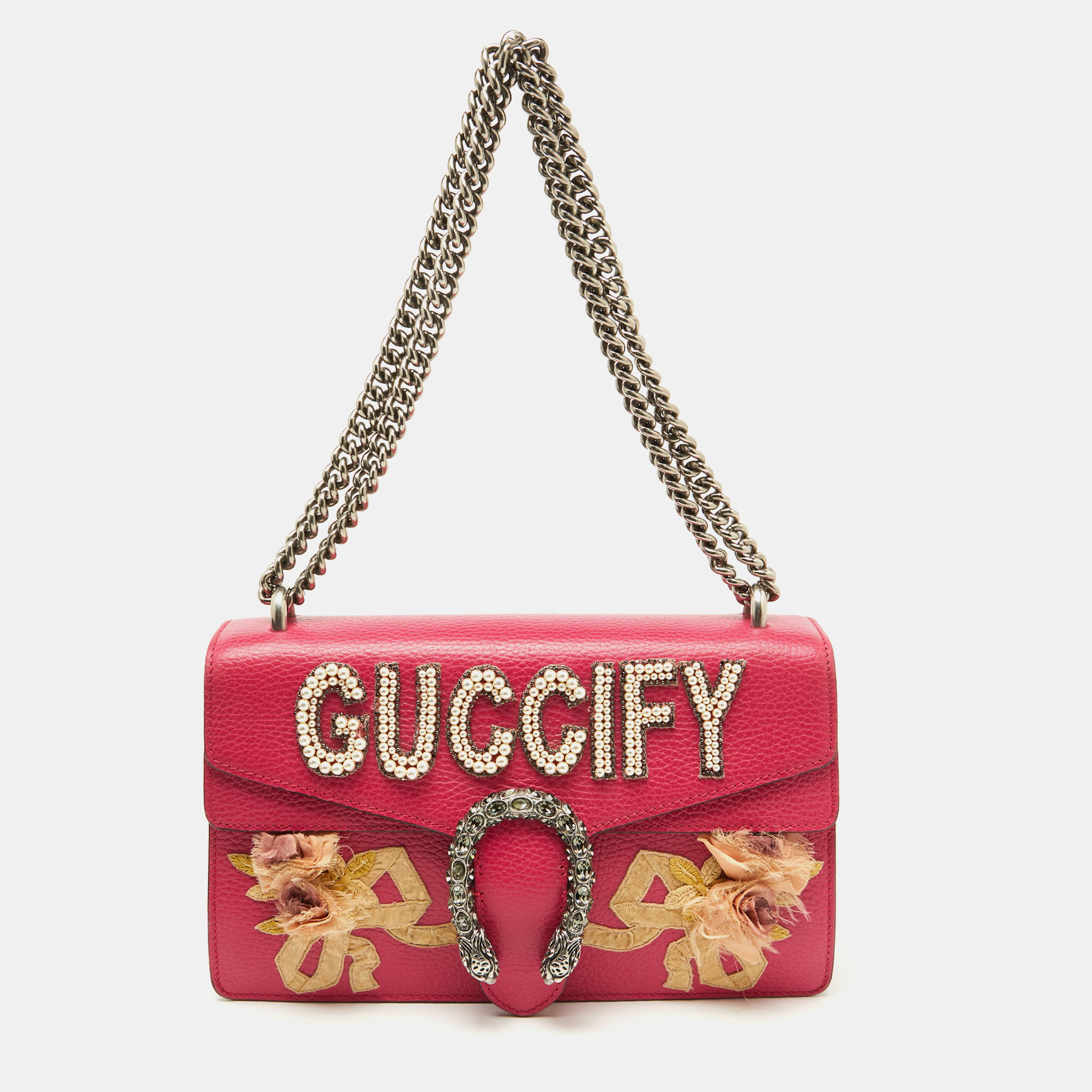 

Gucci Pink Leather Small Guccify Pearl Embellished Dionysus Shoulder Bag