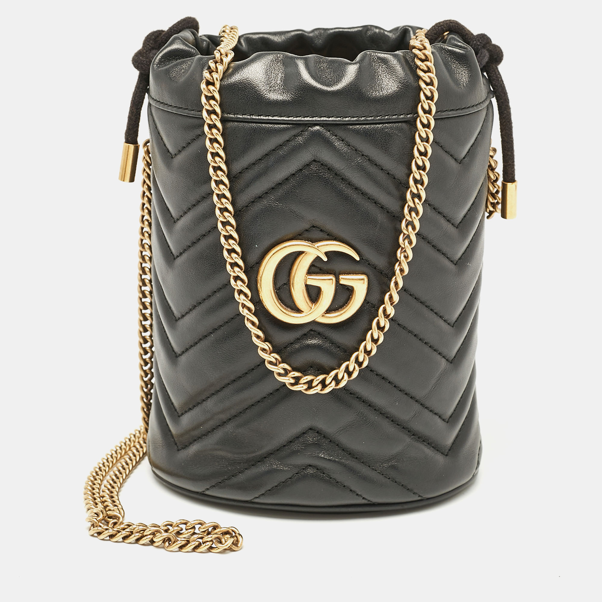 

Gucci Black Matelasse Leather Mini GG Marmont Bucket Bag