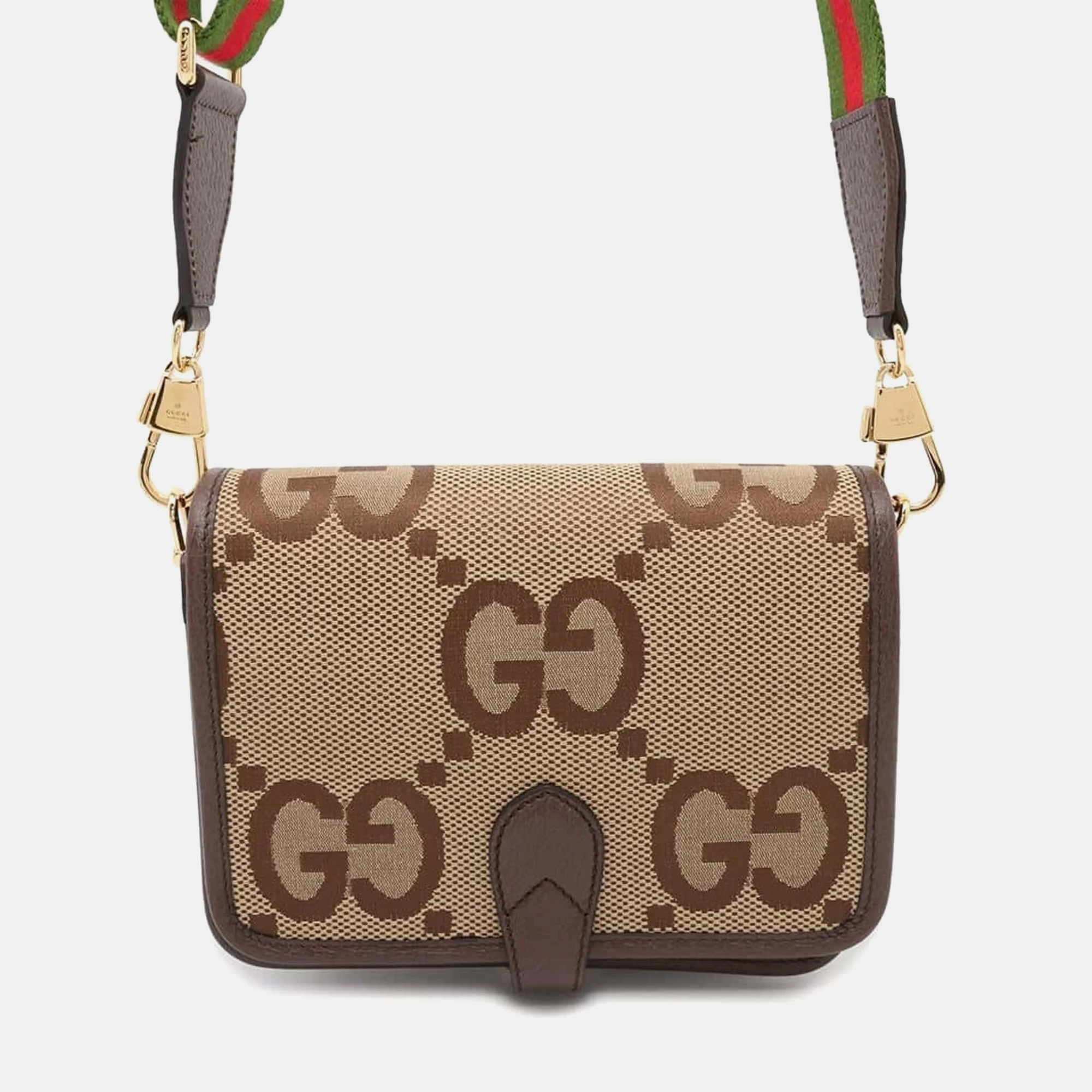 

Gucci Beige/Brown Jumbo GG Canvas Leather Web Shoulder Bag