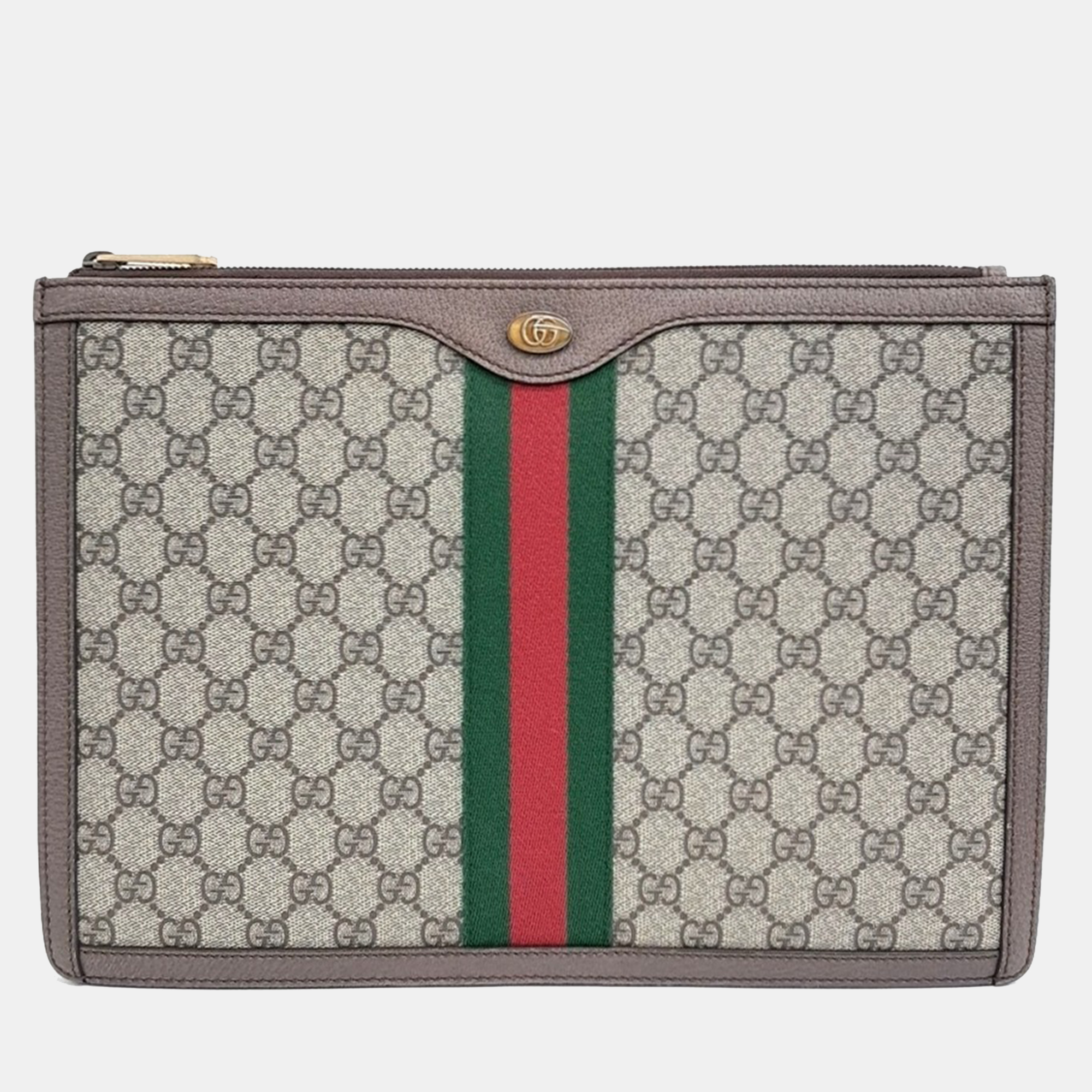 

Gucci Beige Brown Coated Canvas Leather Supreme Portfolio Clutch Bag