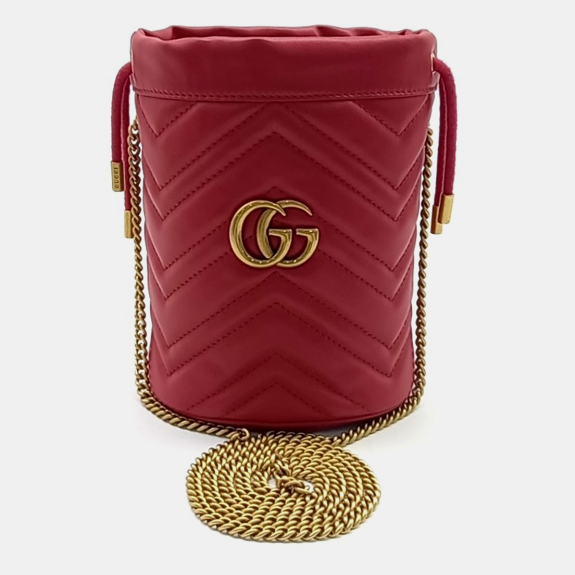 

Gucci Red Leather GG Marmont mini bucket bag