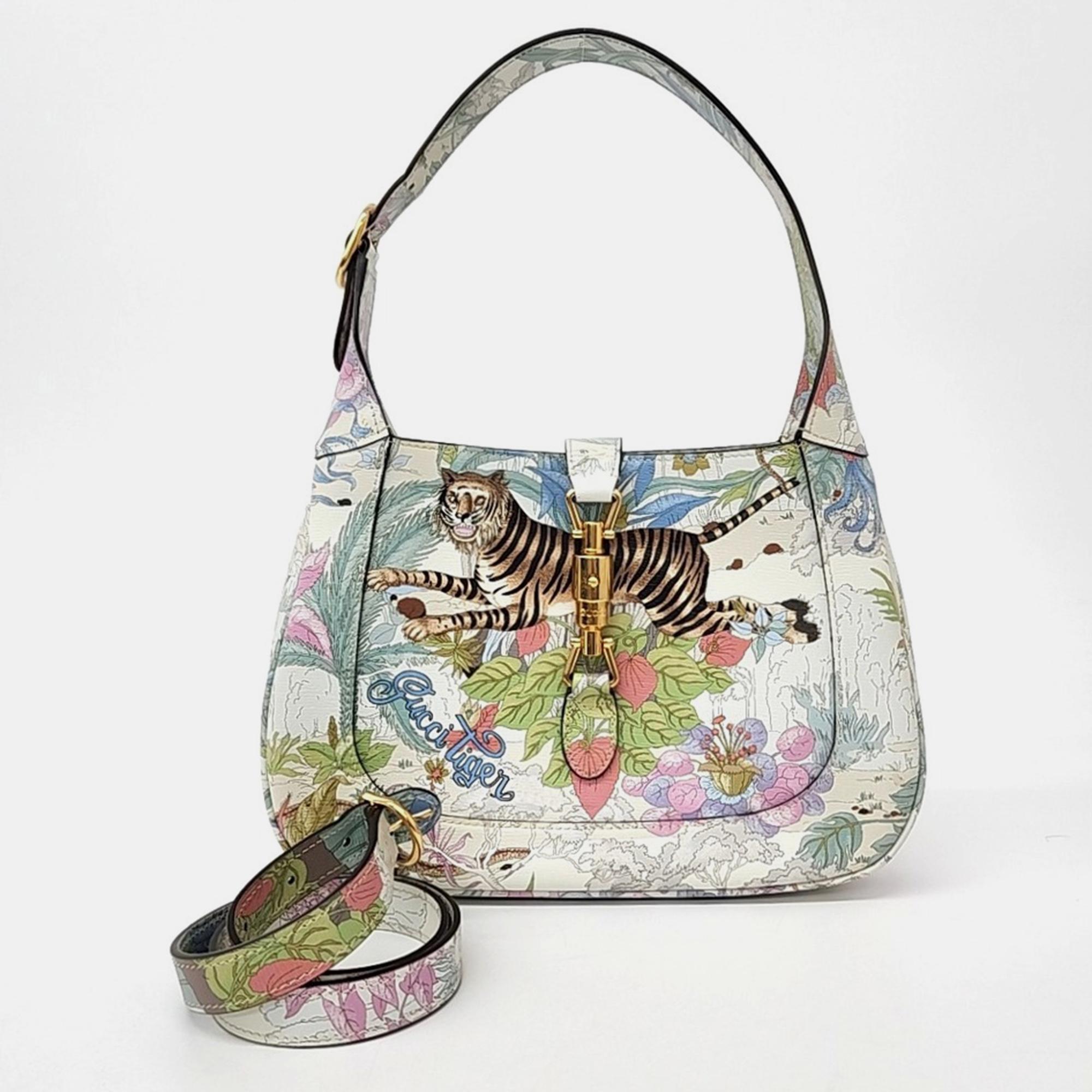 

Gucci Multicolor White Leather Jackie 1961 Tiger Small Hobo Bag