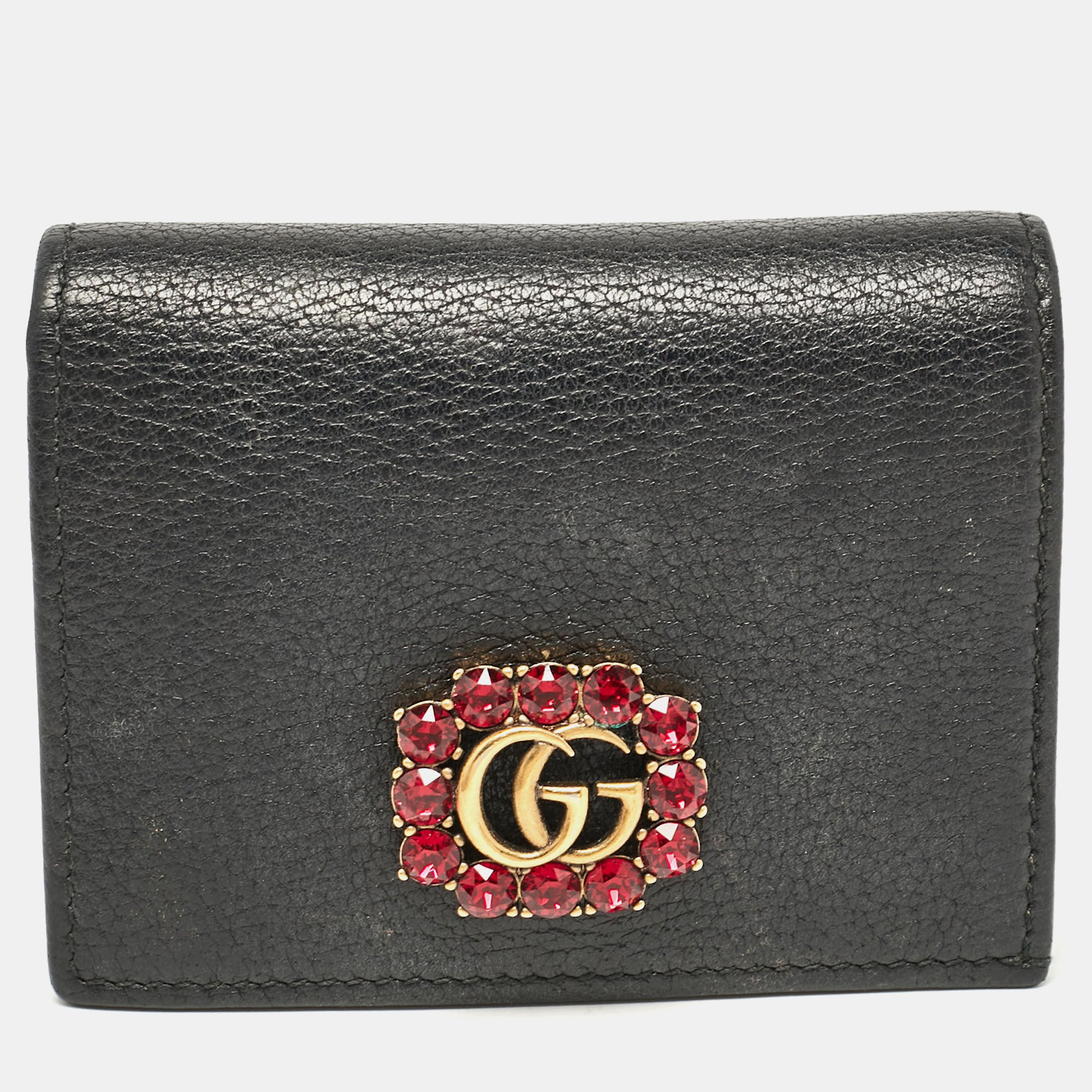 

Gucci Black Leather Crystals GG Marmont Card Case