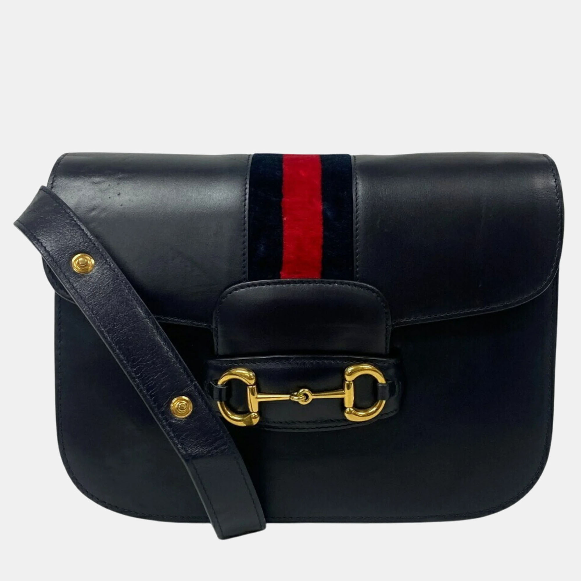 

Gucci 602204 Horsebit 1955 Velour X Leather Shoulder Bag Navy, Black