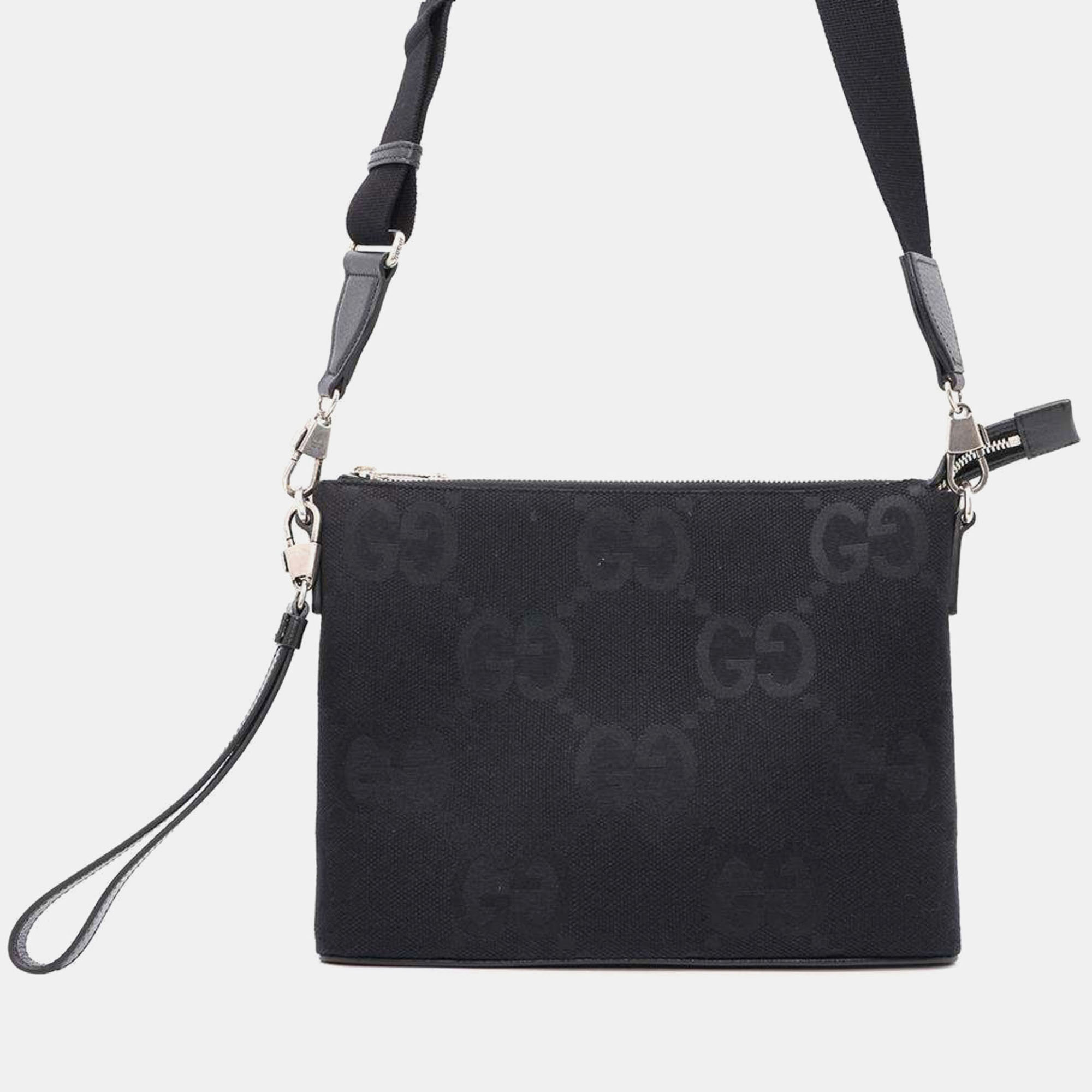 

Gucci Canvas Leather Jumbo GG Shoulder Bag, Black